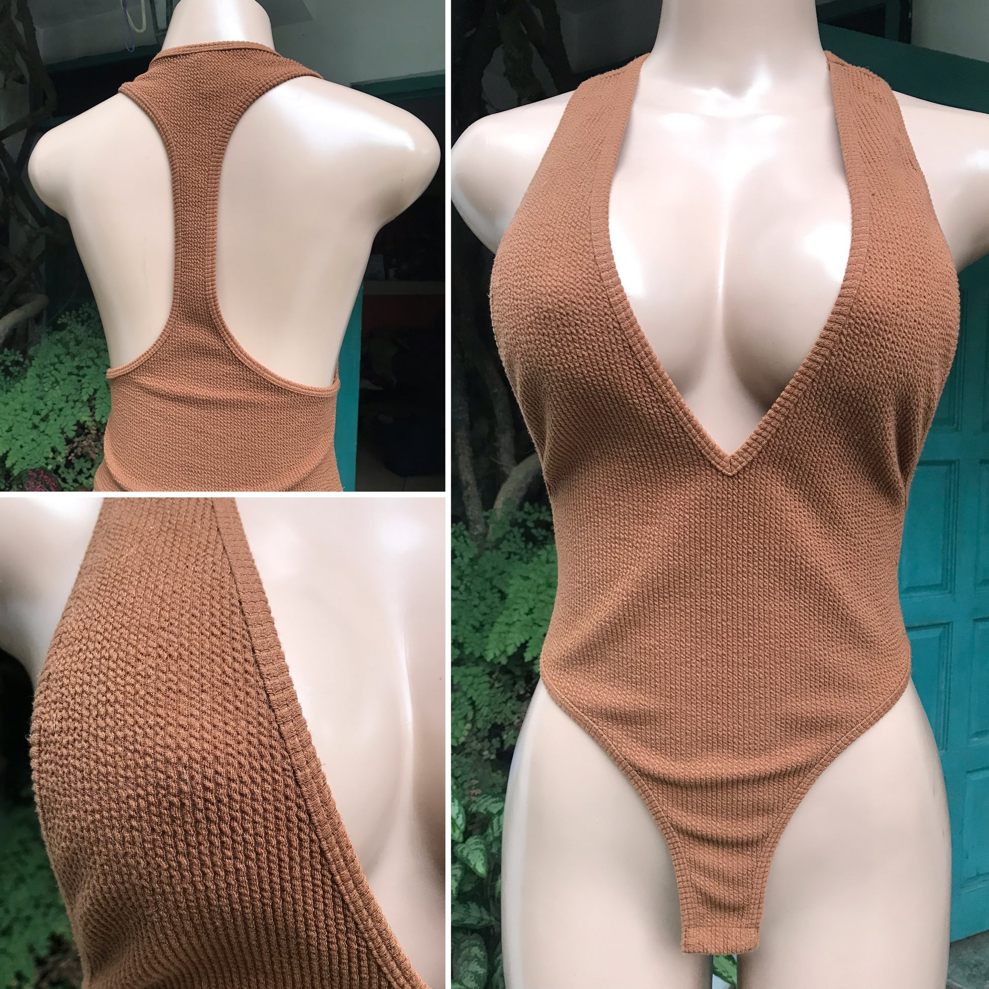 Brown texture bodysuit v cut … s