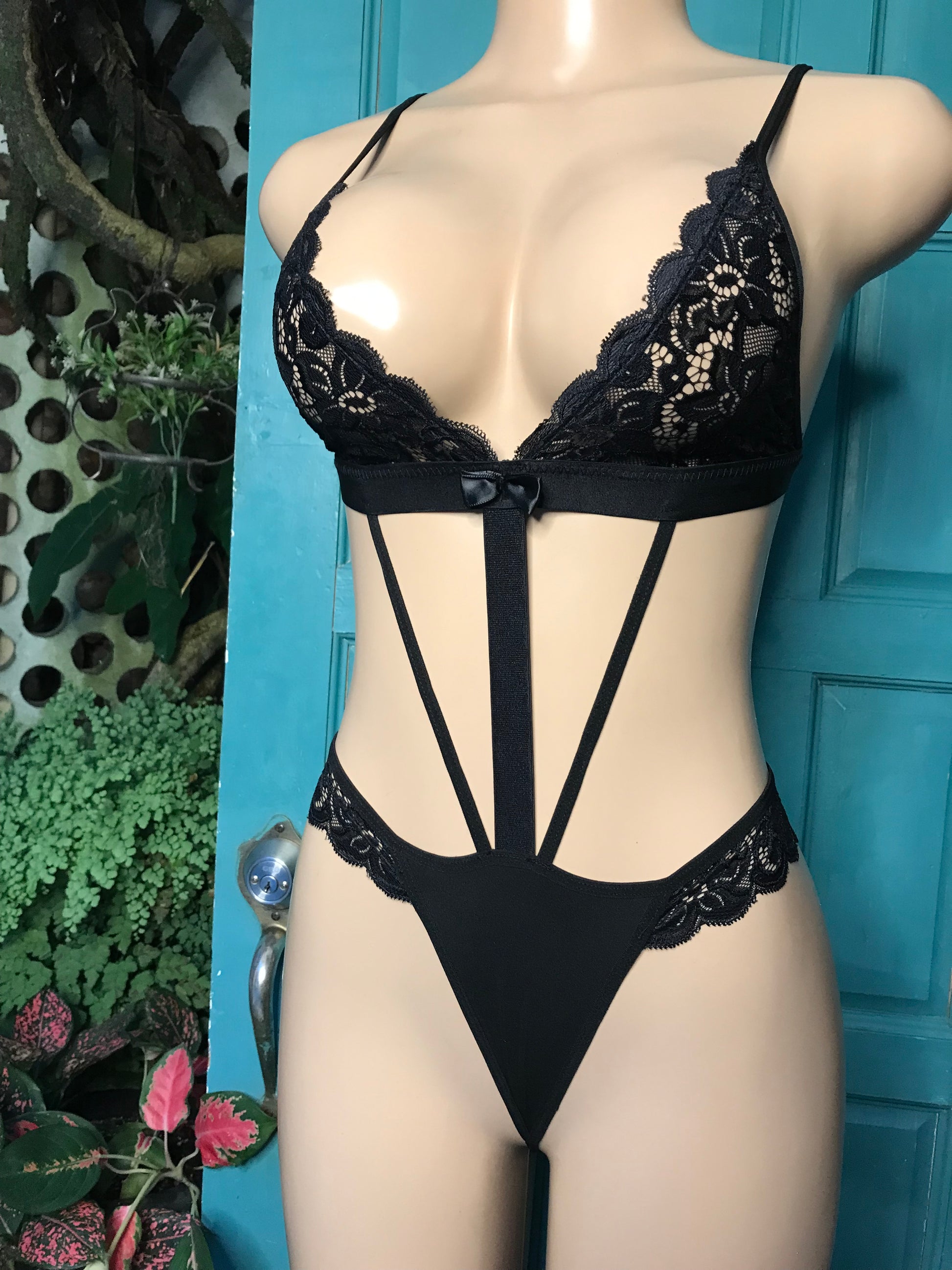 New black cutout bodysuit lace lingerie . S & M