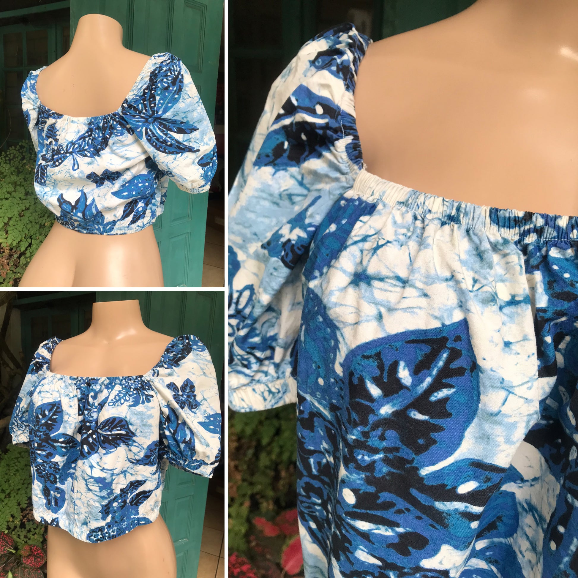 blue leaf print marble dye crop top organic ,,, m