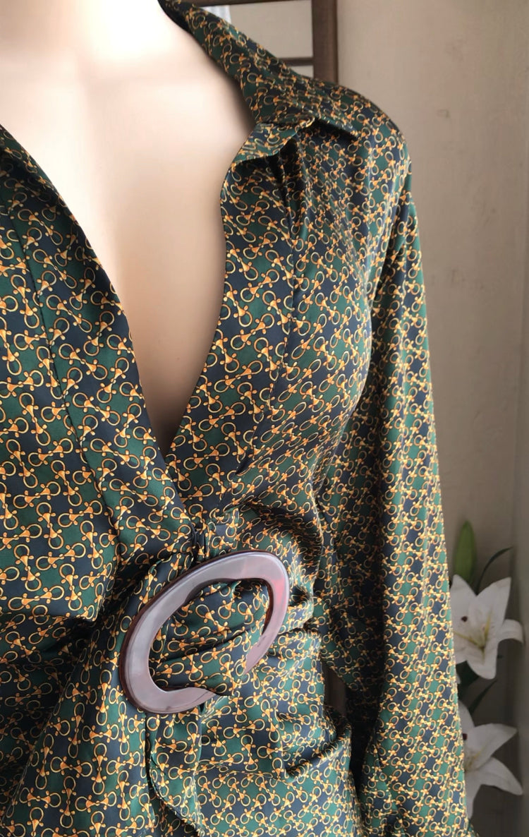 Zara Green silky Pattern dress Evening wrap style buckle L – Thrift Nature  Closet Ja