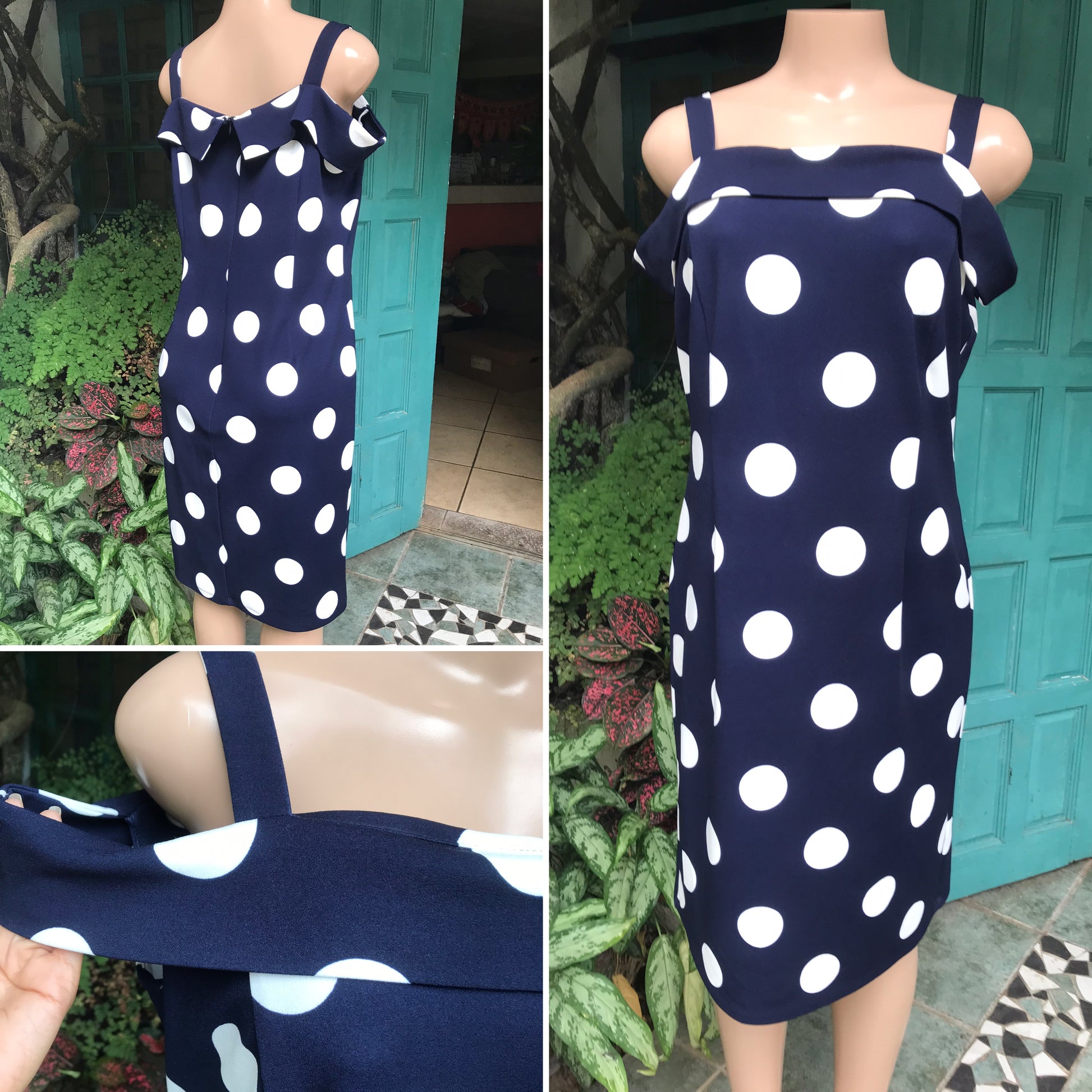 navy large polka off the shoulder dress L