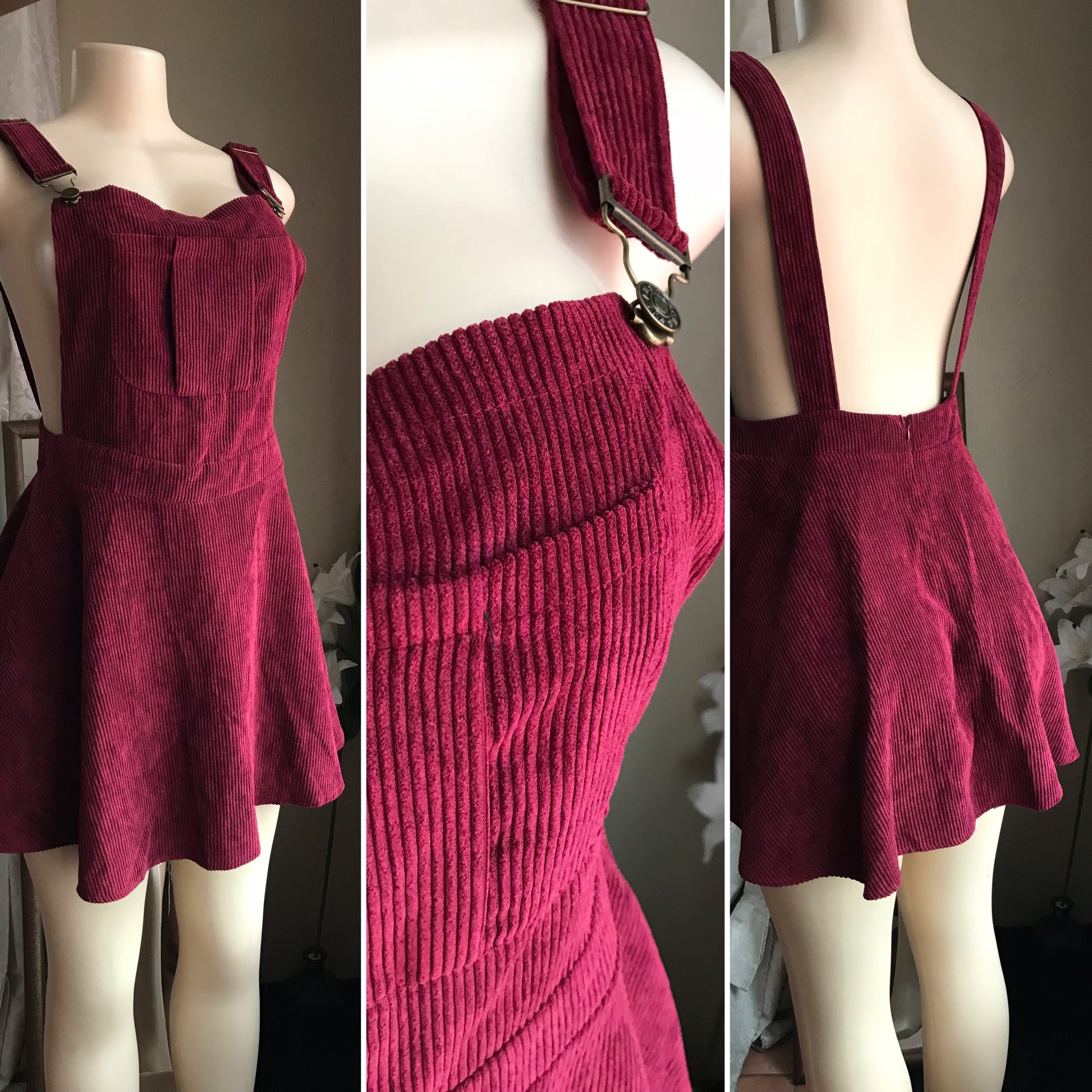 Maroon corduroy overalls dress. M