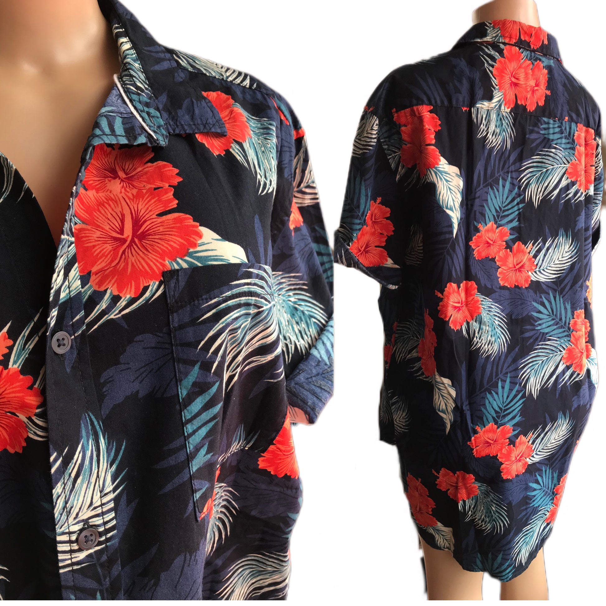 100% cotton Navy Hawaiian flower Men's shirt 2X /XL ... +++ ^^^
