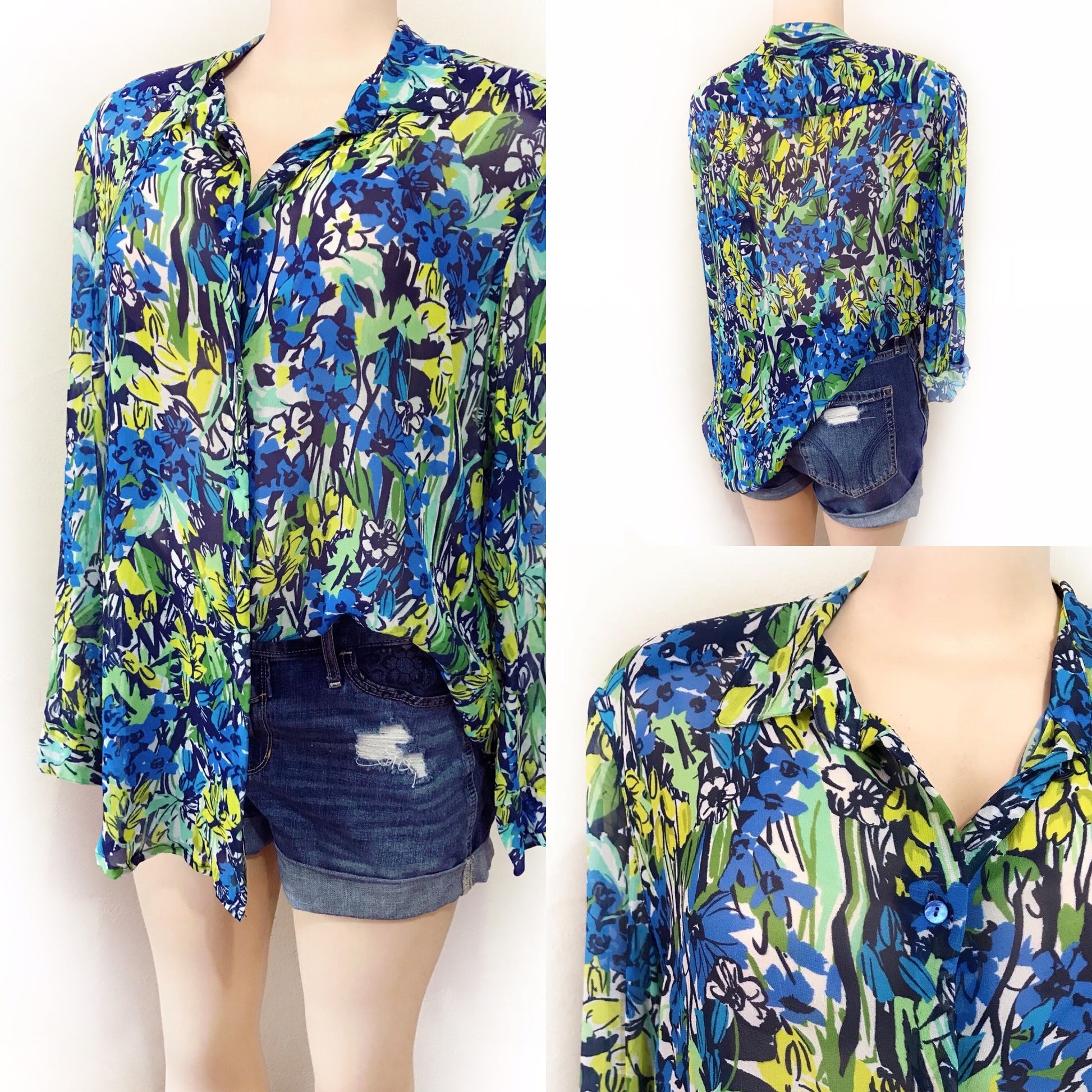 Vintage Paper Thin 100% Silk Neon Floral Long Sleeve Blouse