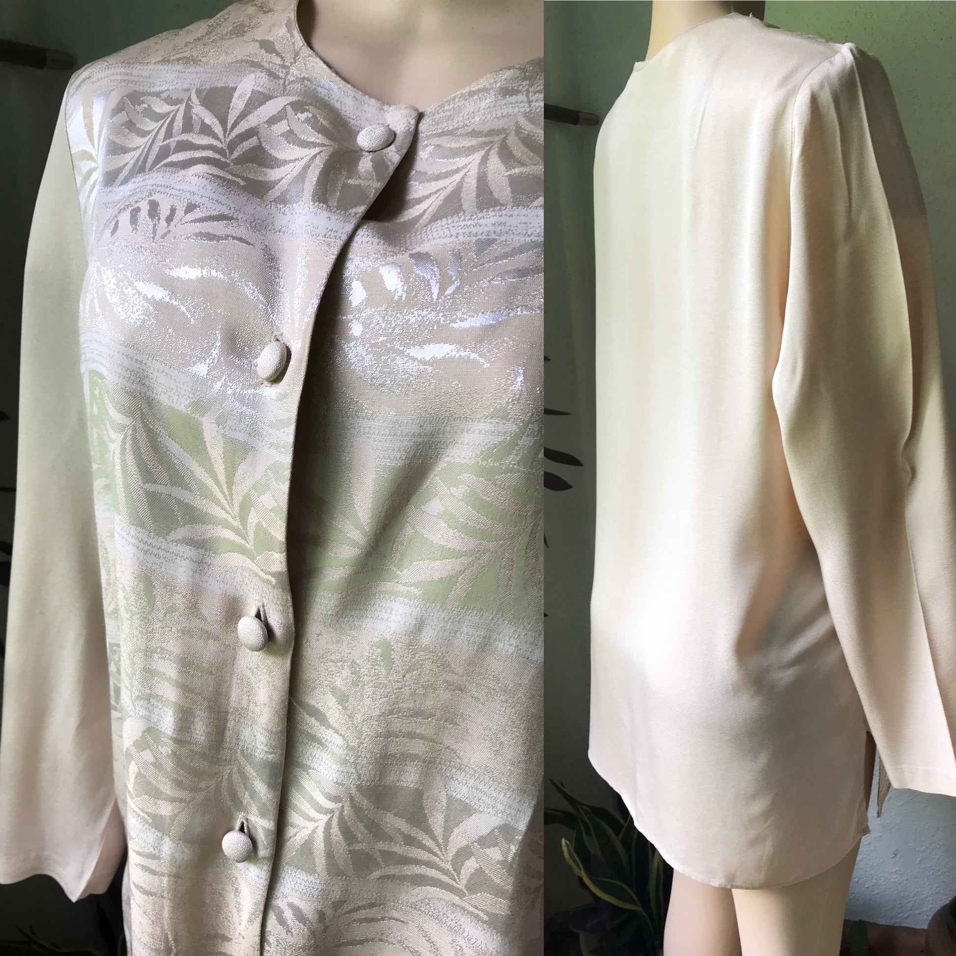 Vintage Cream Silky Leaf Print Blouse / Jacket - L /XL/ ...