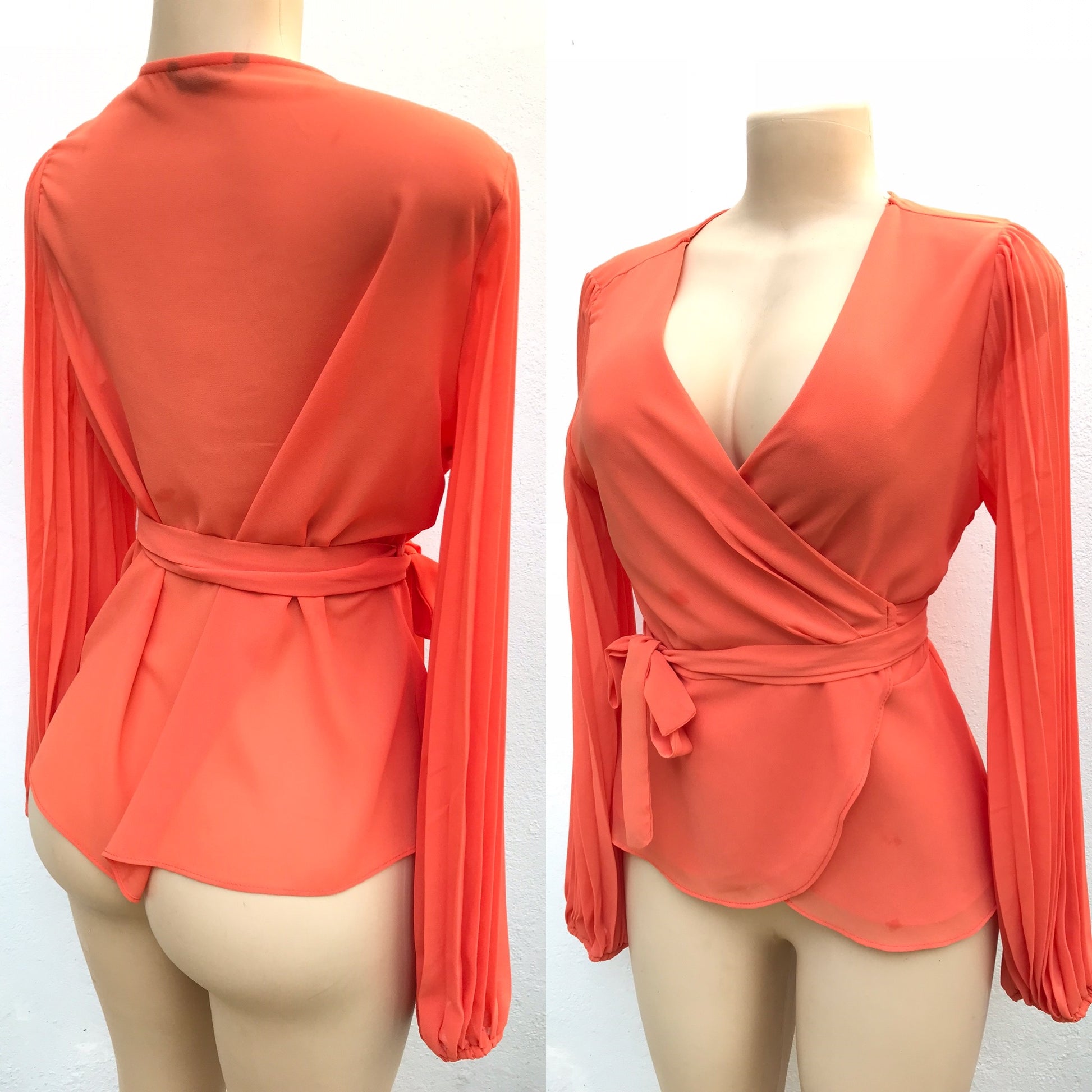 Shein Sheer Pleat Sleeve Wrap Blouse Orange