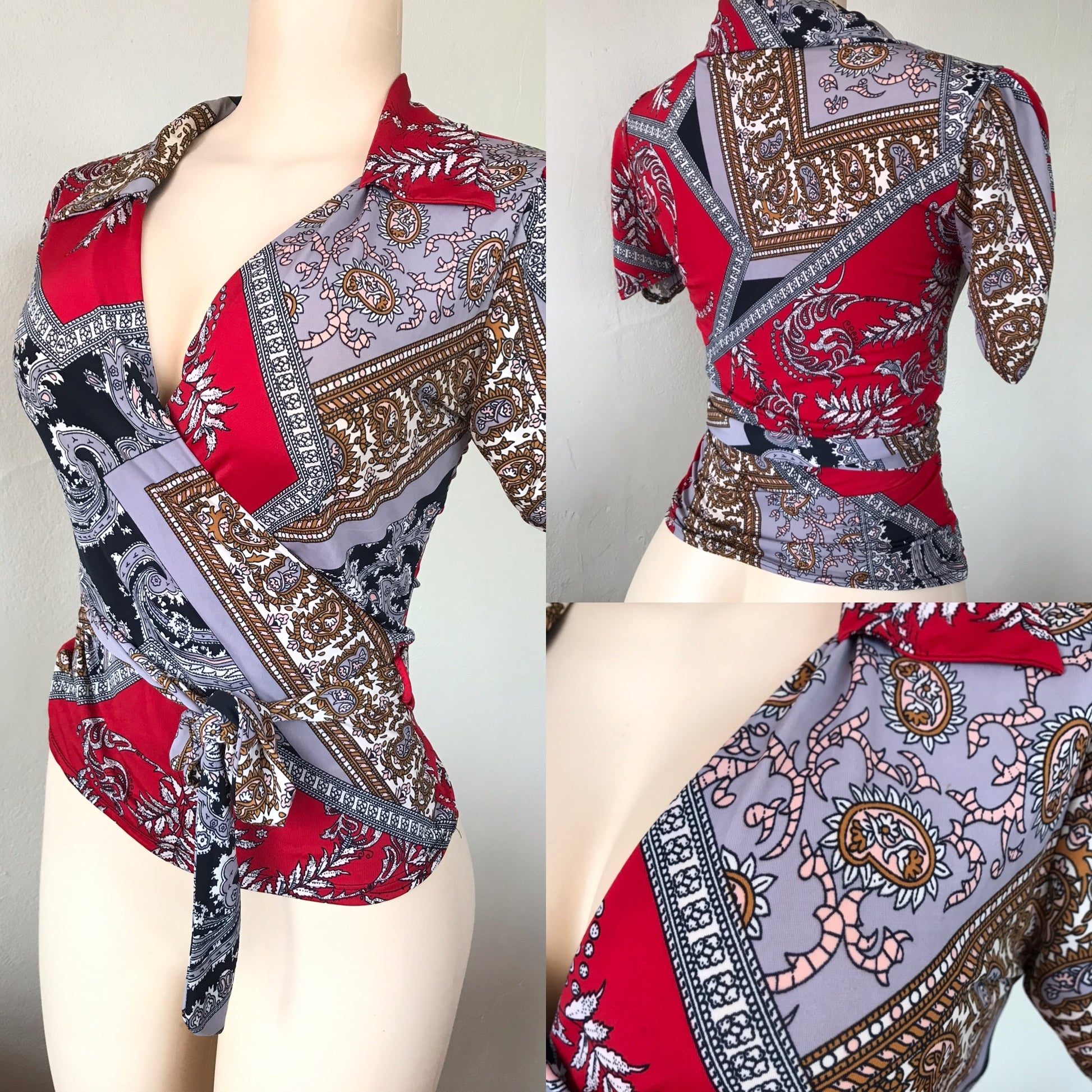 Stretchy Print Wrap Top Collar