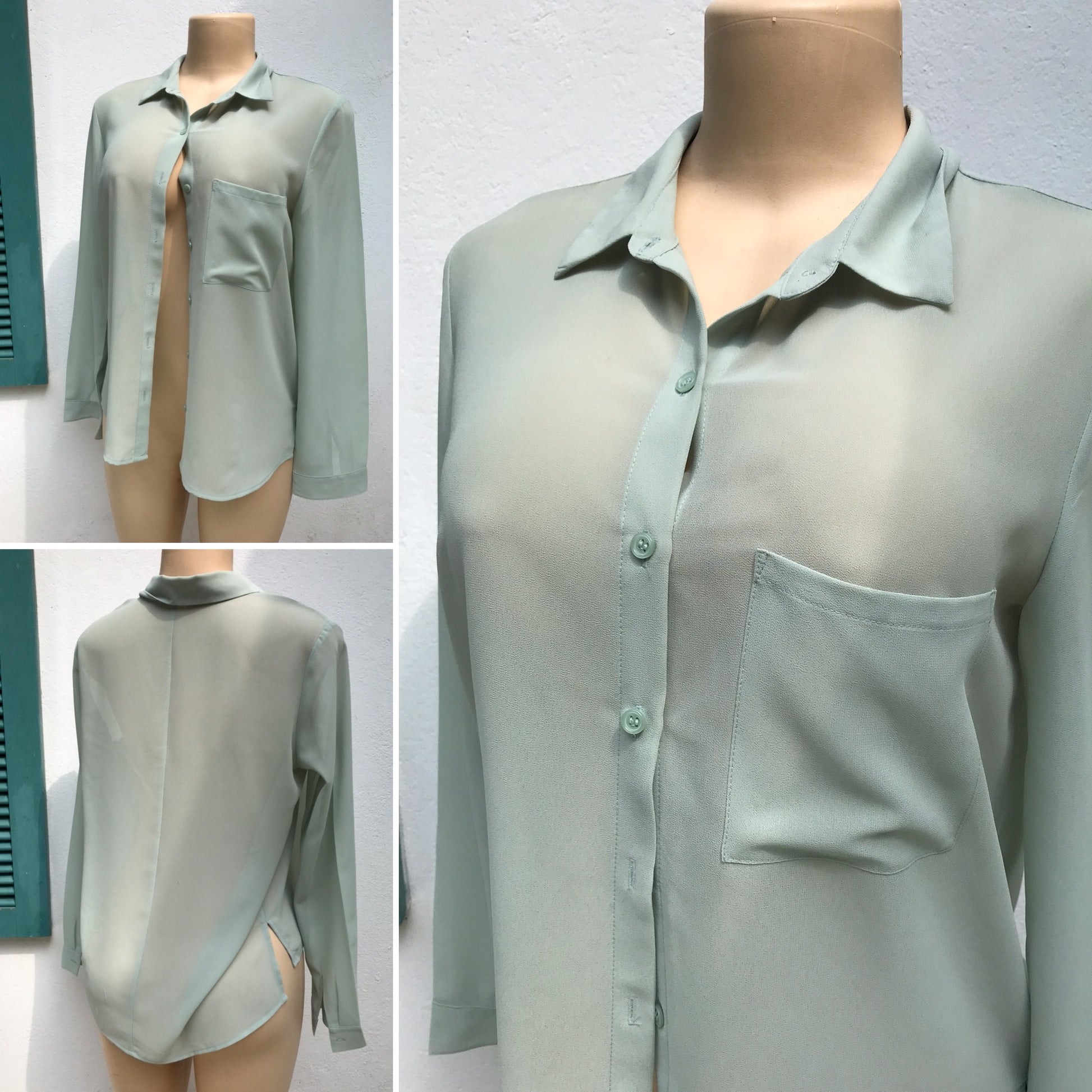 Vintage Earth Green Sheer Long Sleeve Blouse Work/ Play