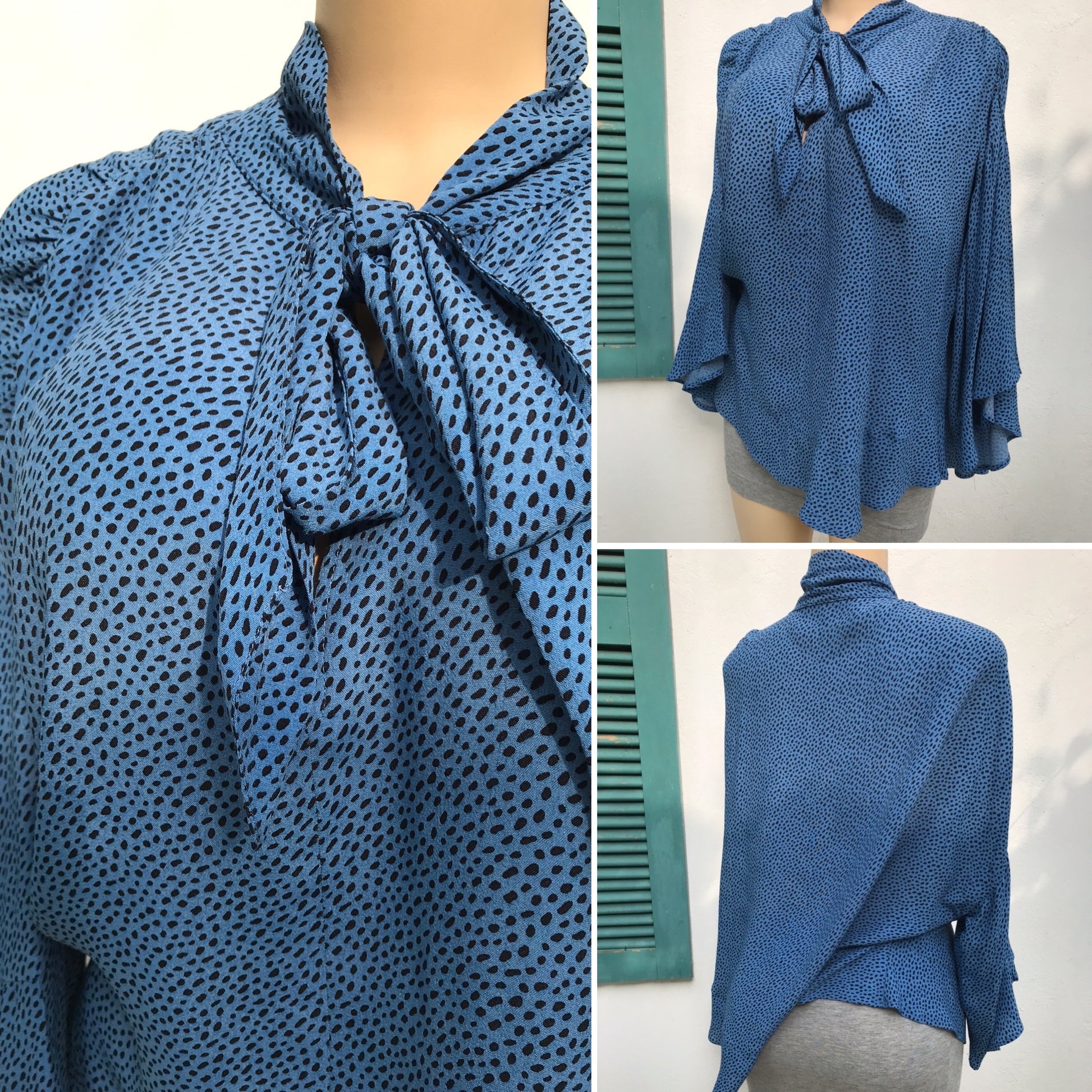 Zara Blue Bell Sleeve Fluid Professional Polka Blouse Neck Tie PLUS
