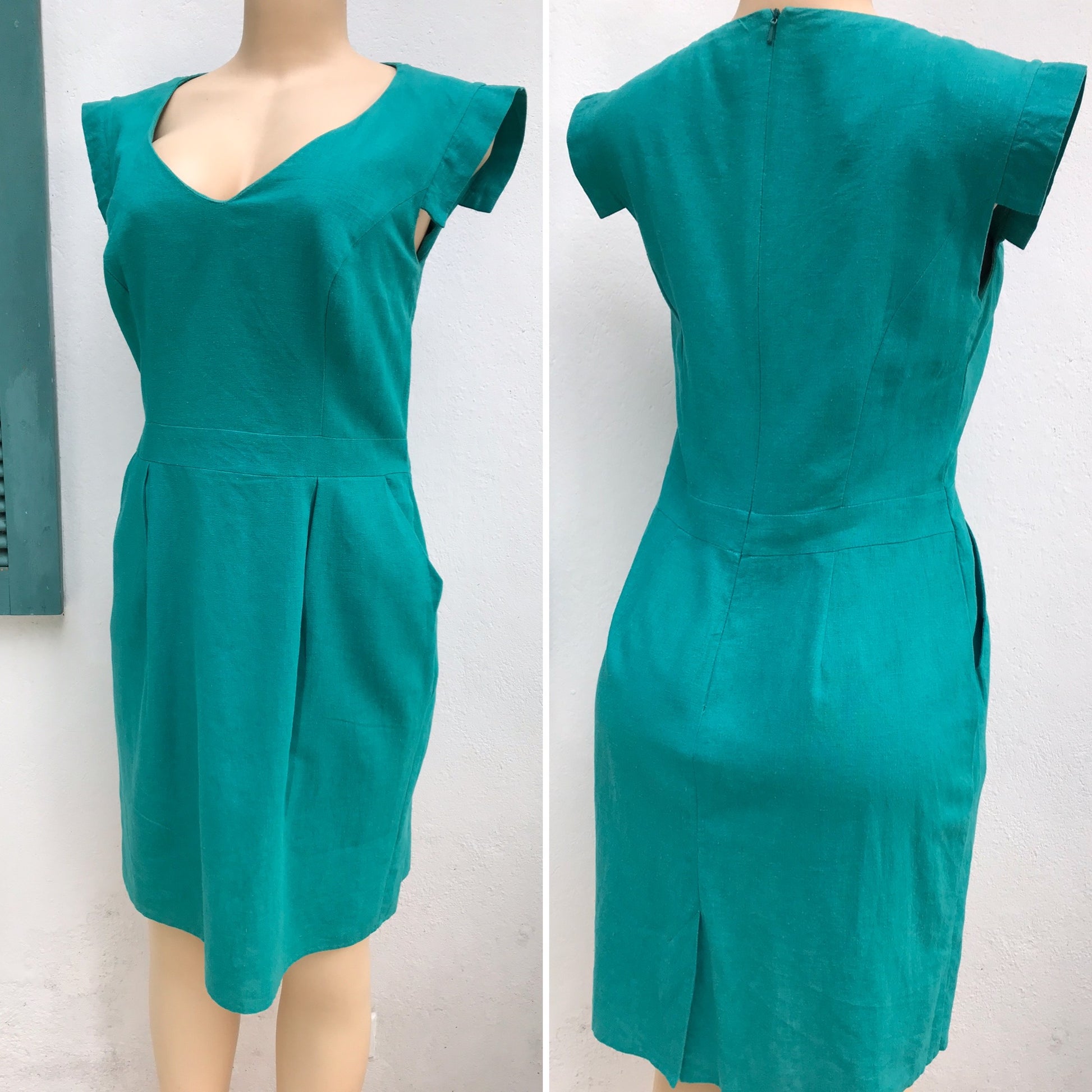 Green Linen Professional Dress with Pockets