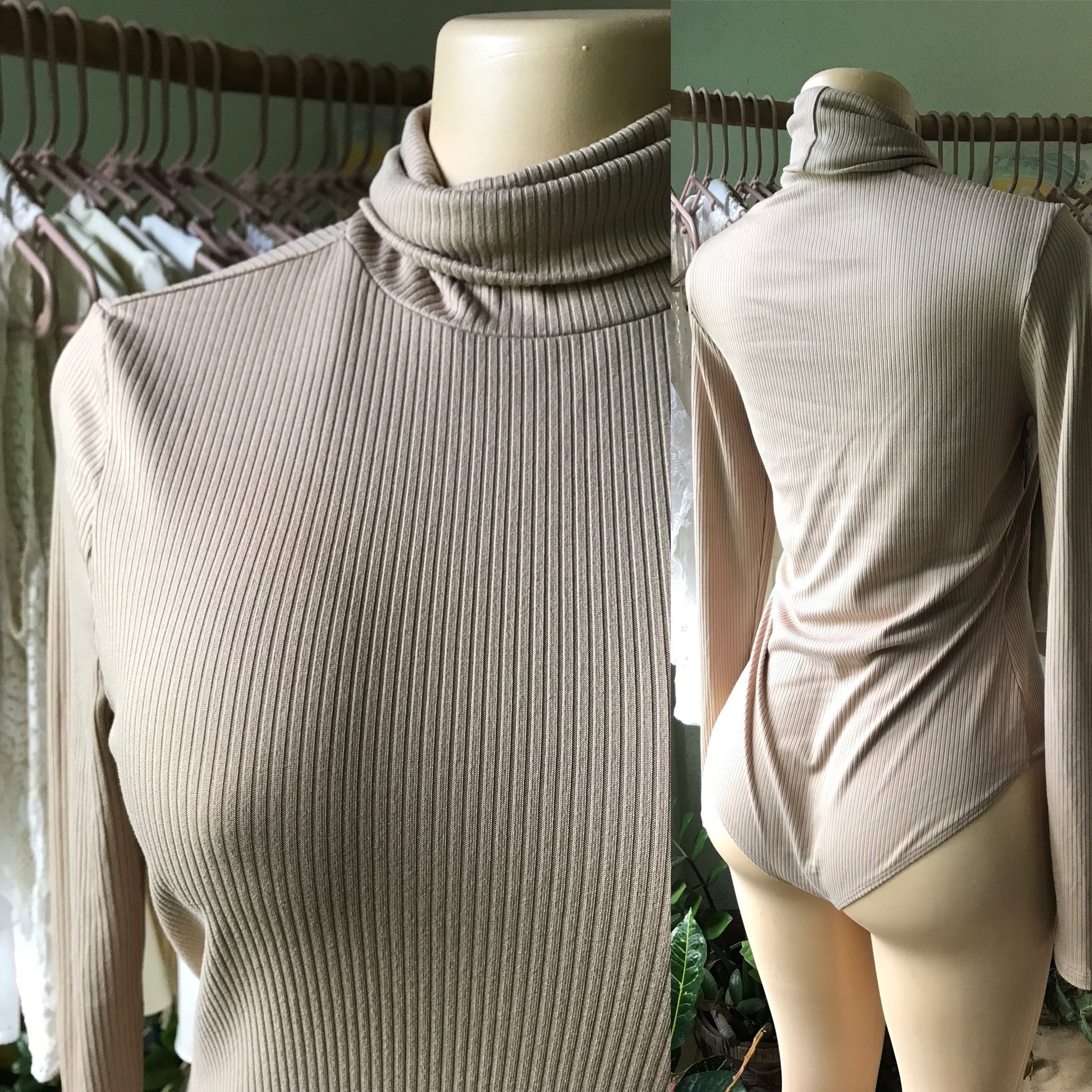 Sand Ribbed Turtleneck Bodysuit