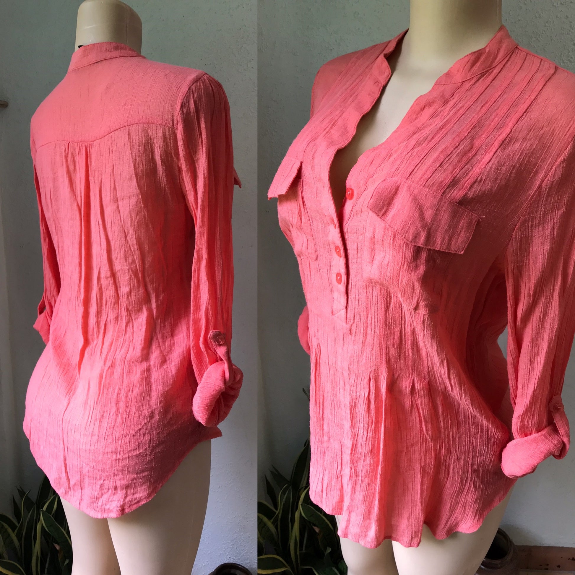 New Coral Breezy Crinkle Blouse Cuffed
