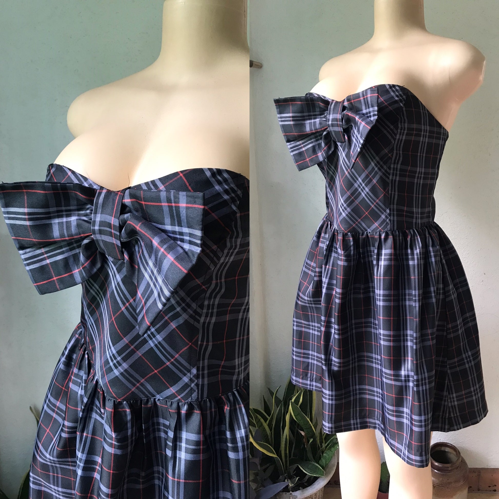 Bowtie Strapless Sweetheart Plaid Dress