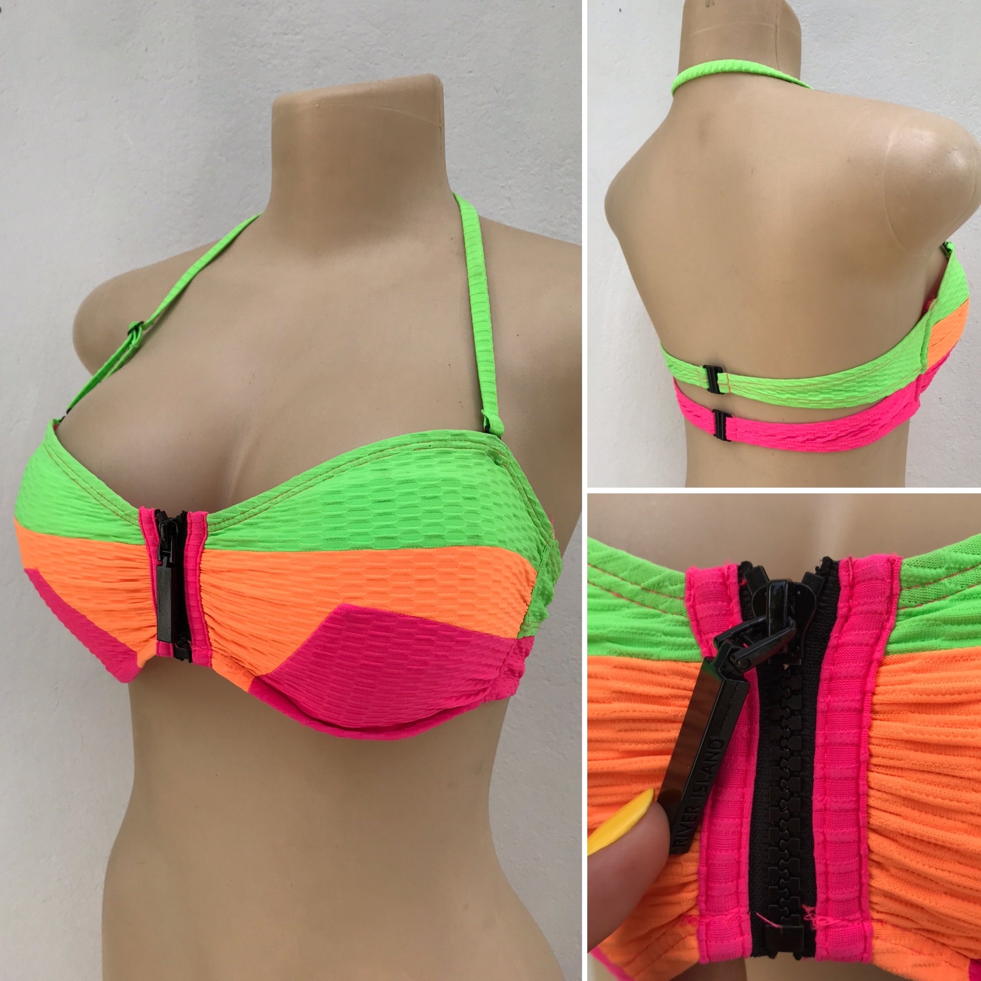 River Island UK Neon Embossed Colour Block Bikini Top