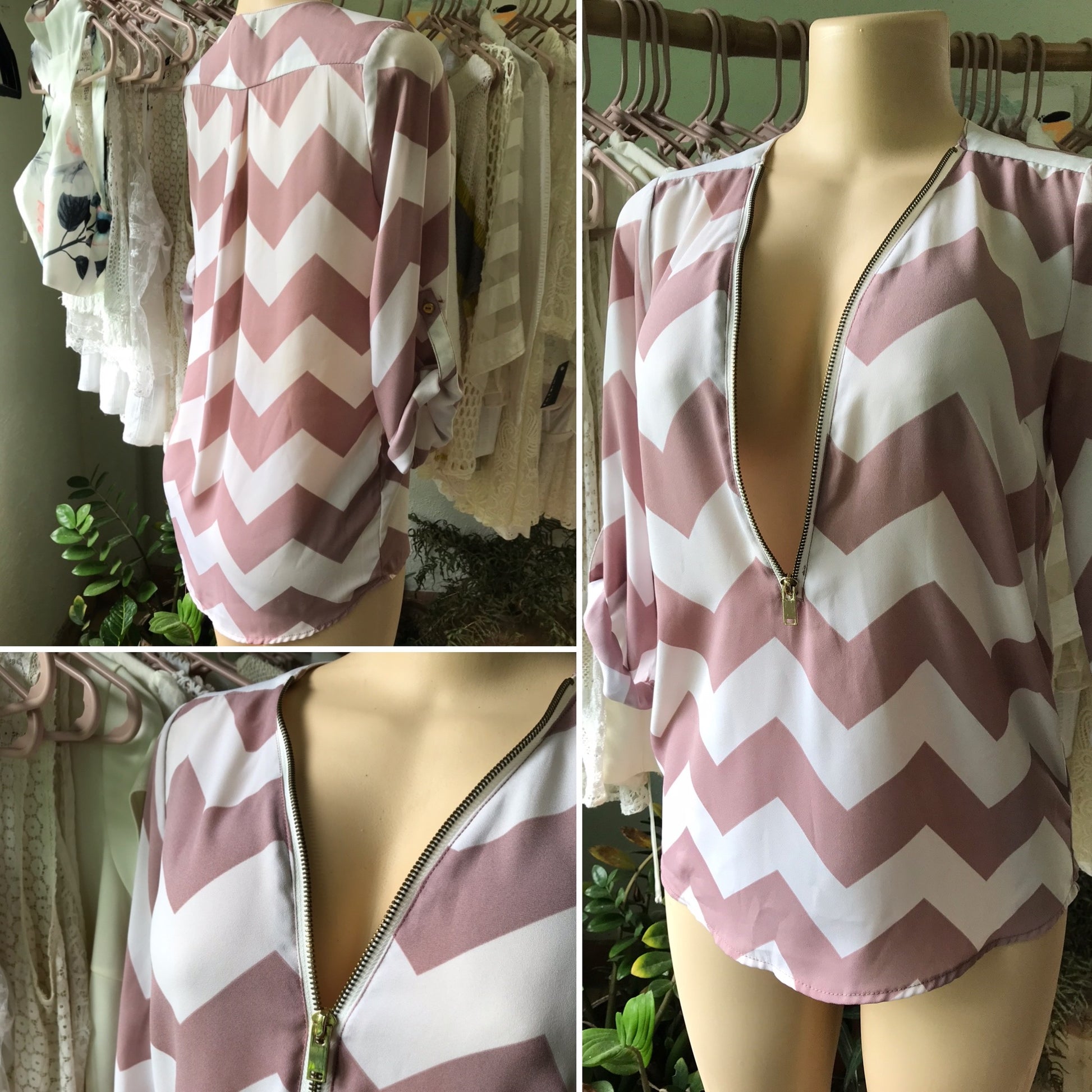 Mauve Zig Zag Sheer Zip Blouse Cuffed