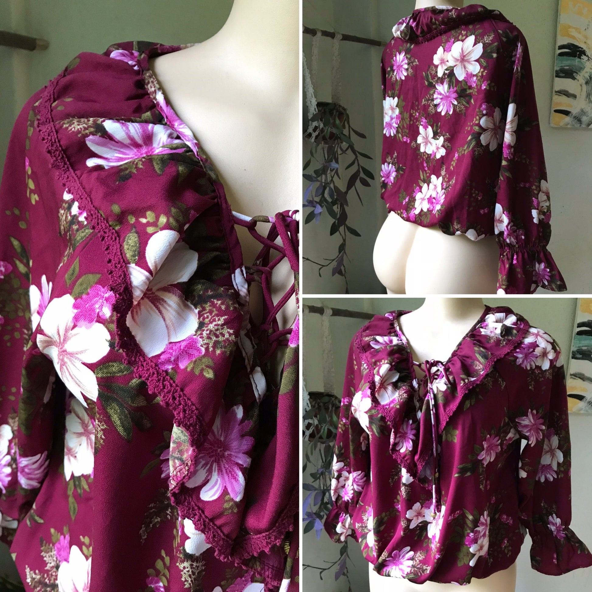 New Maroon Bell Sleeve Crochet Det Blouse