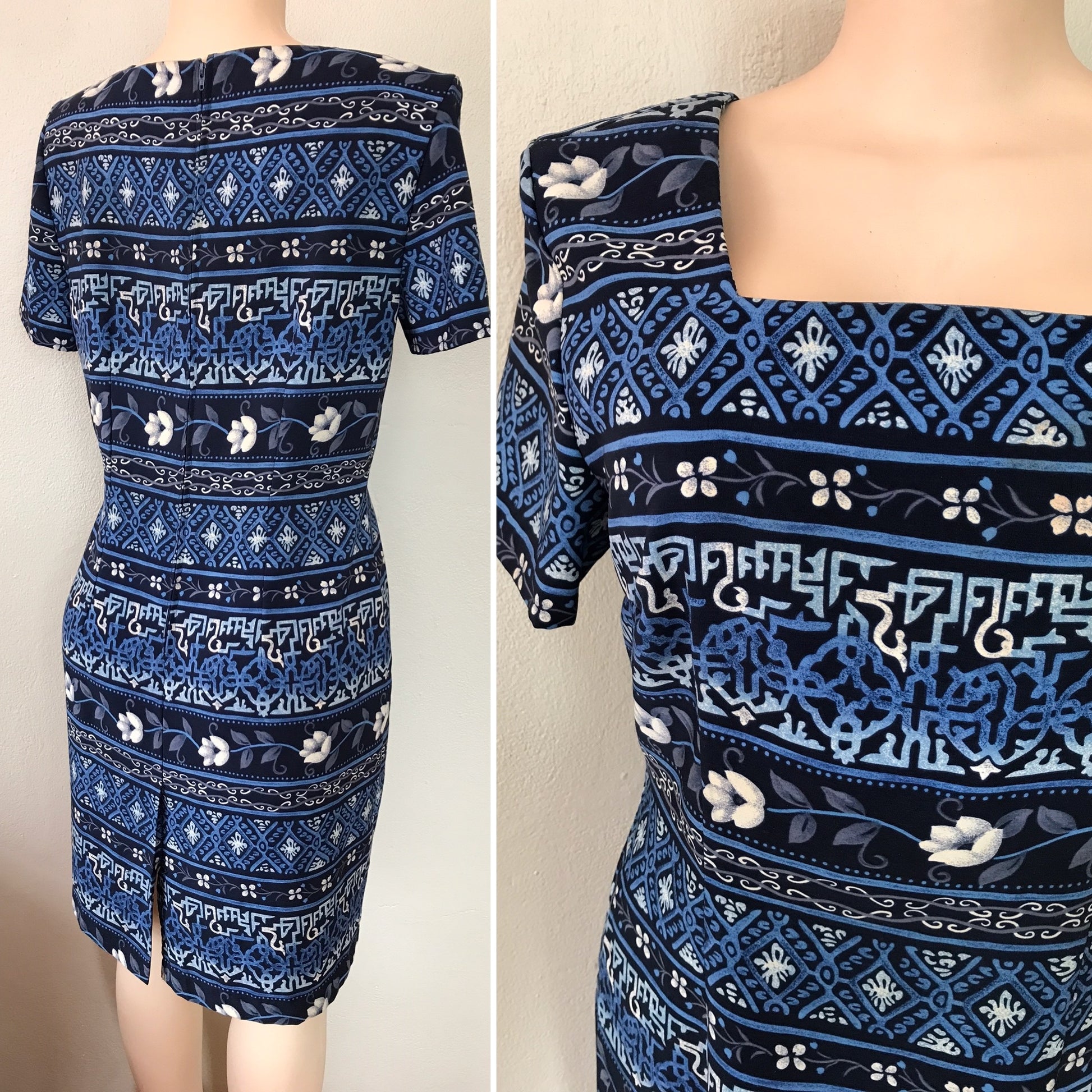 Vintage Blue Floral Work/Play Square Neck Dress