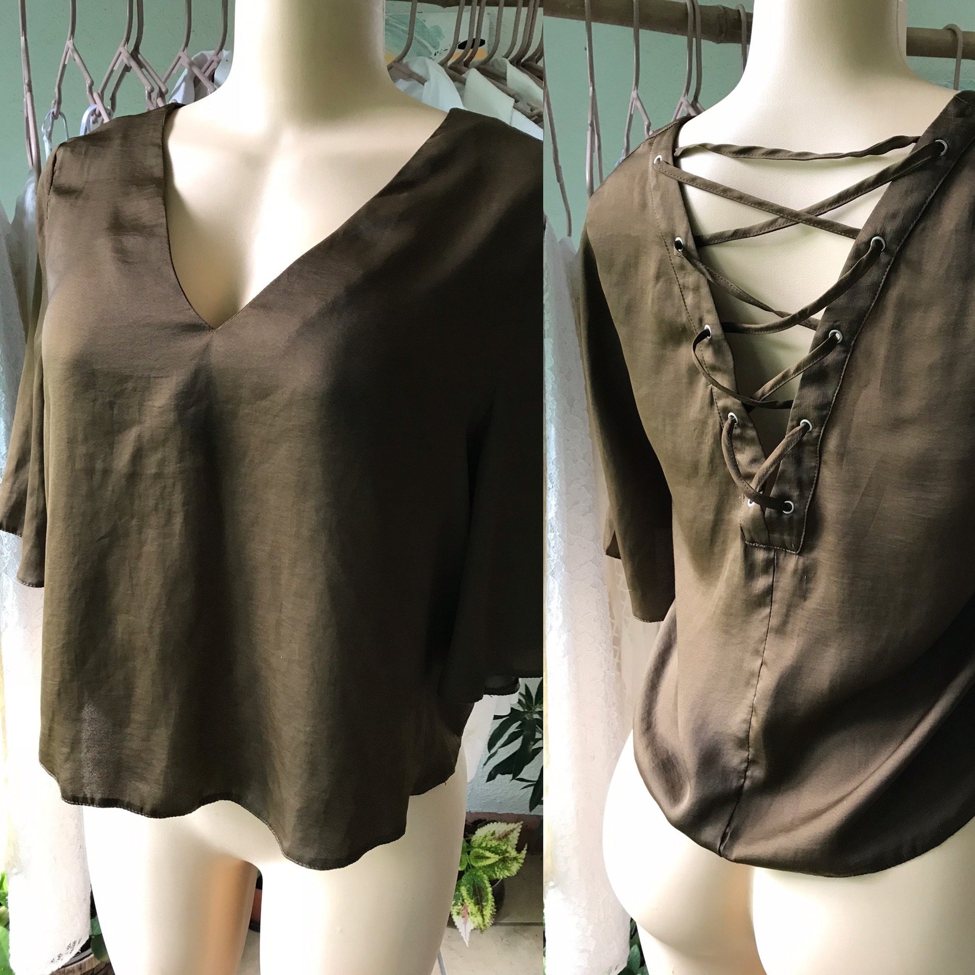 Chocolate Silky Blouse Lace Back Reversible