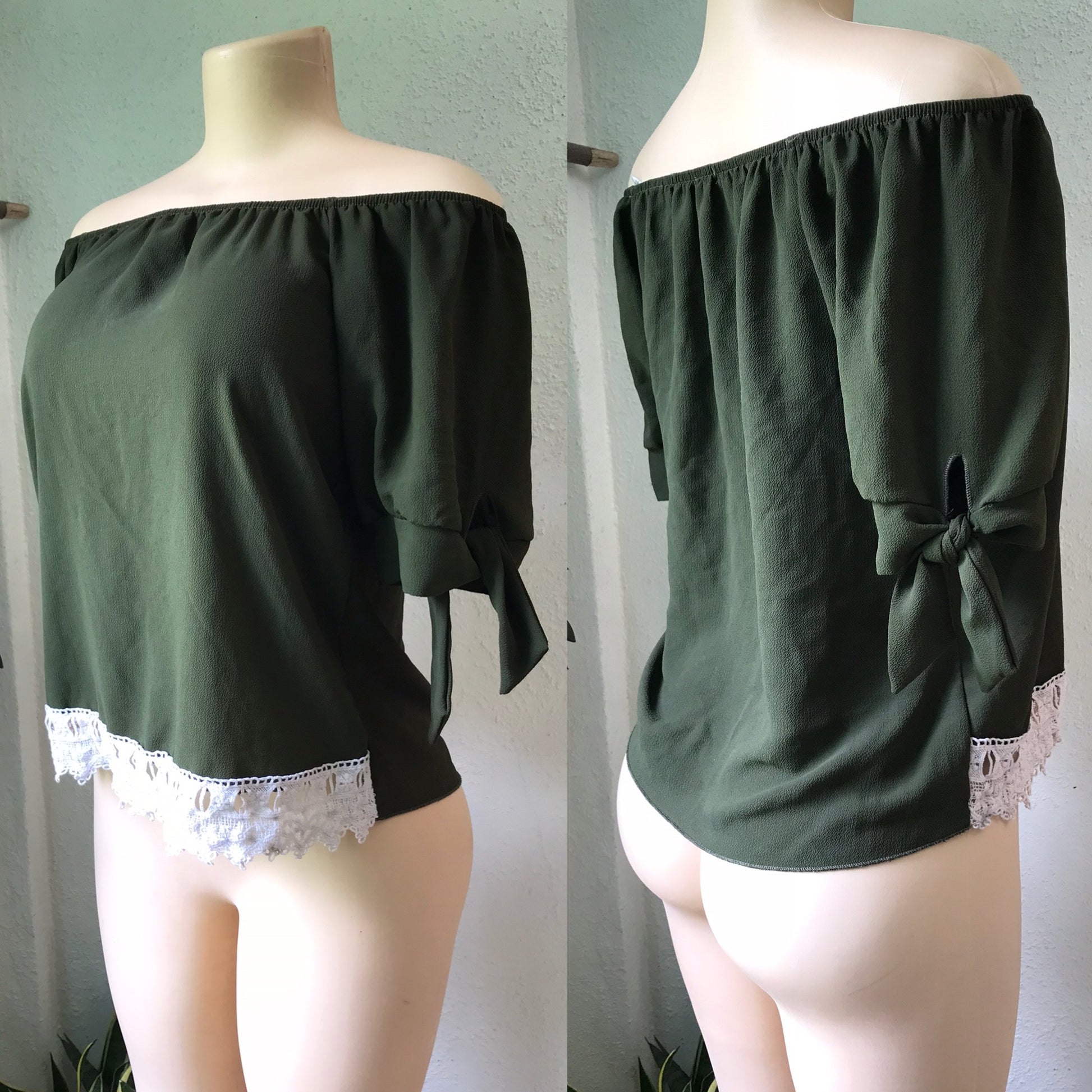 New Army Green Crochet Blouse Tie Sleeve