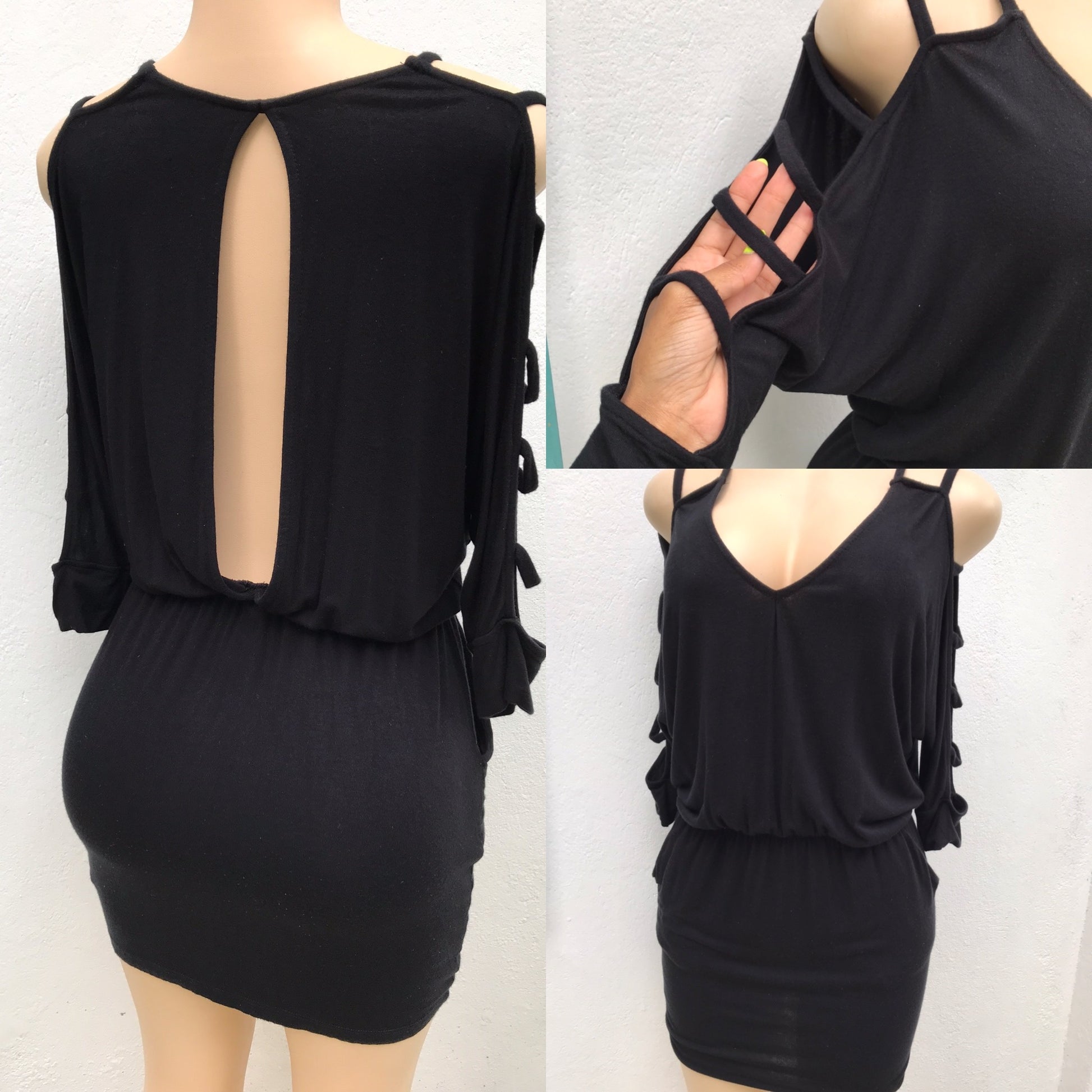 Soft Black Backless Dress Slit Sleeve
