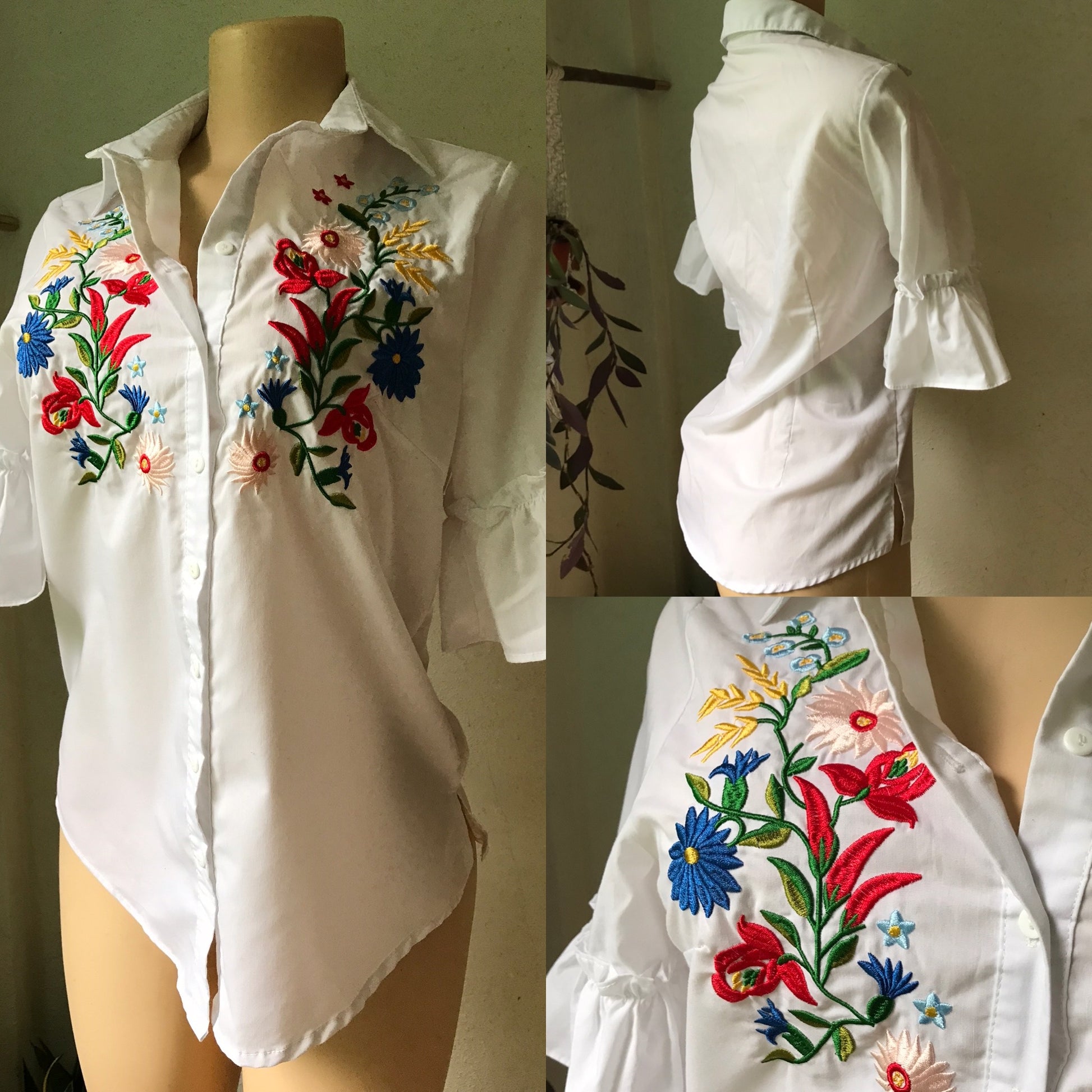 New White Bell Sleeve Embroidery Det Blouse