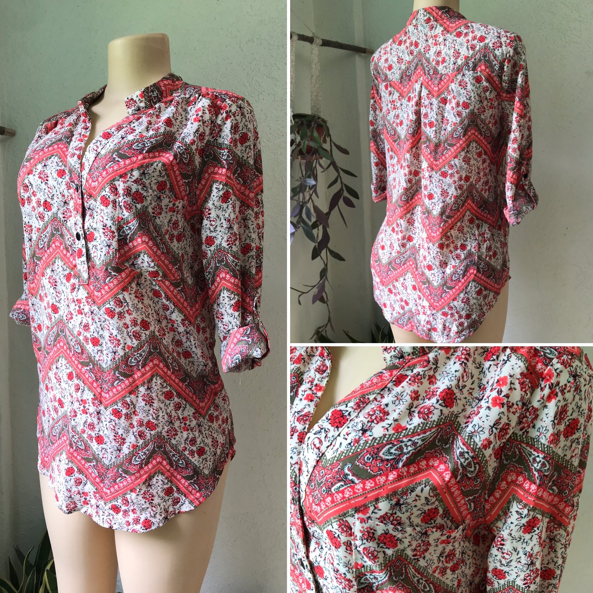 New Coral Zig Zag Pattern Sheer Blouse Cuffed