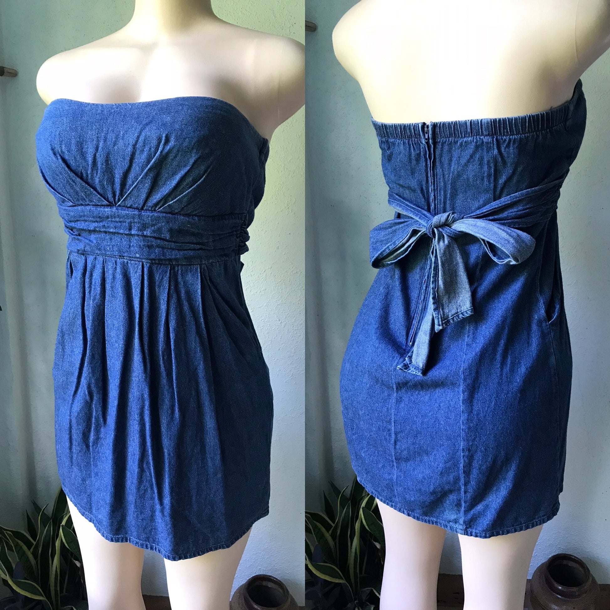 Denim Soft Strapless Dress with Pockets Tied