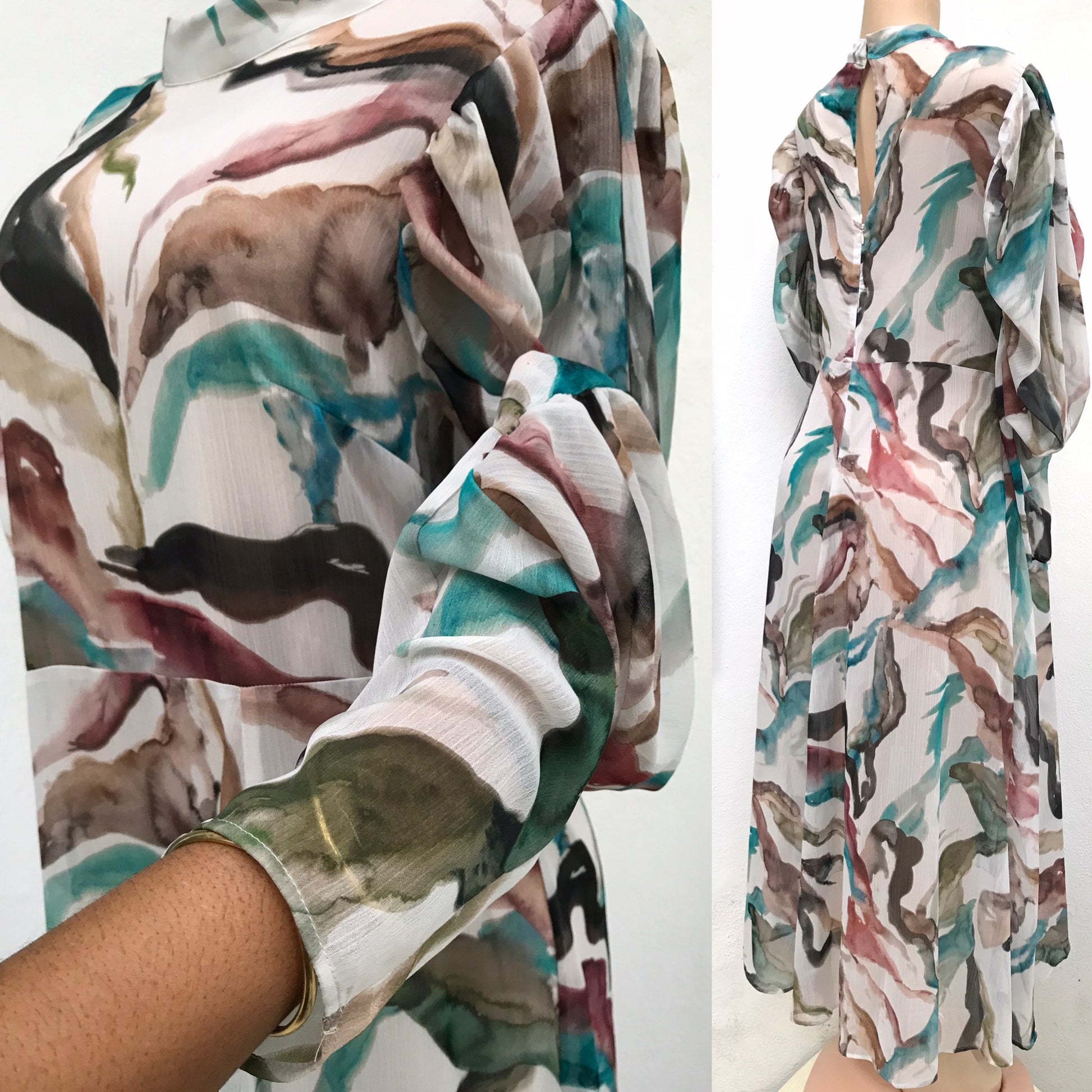 Sheer Print Maxi Occasion Dress Ruche Sleeve