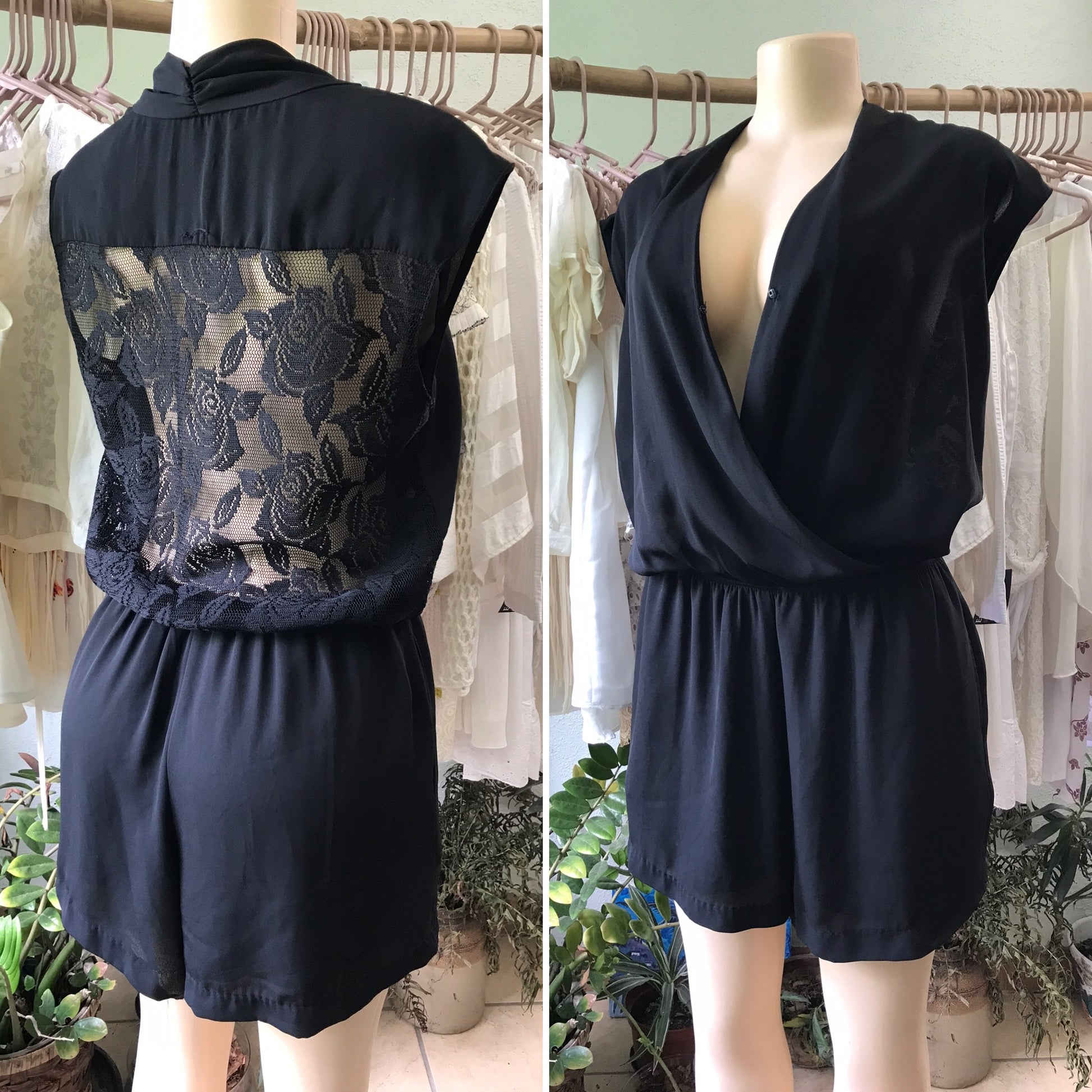 Black Evening Romper Lace Detail with Pockets