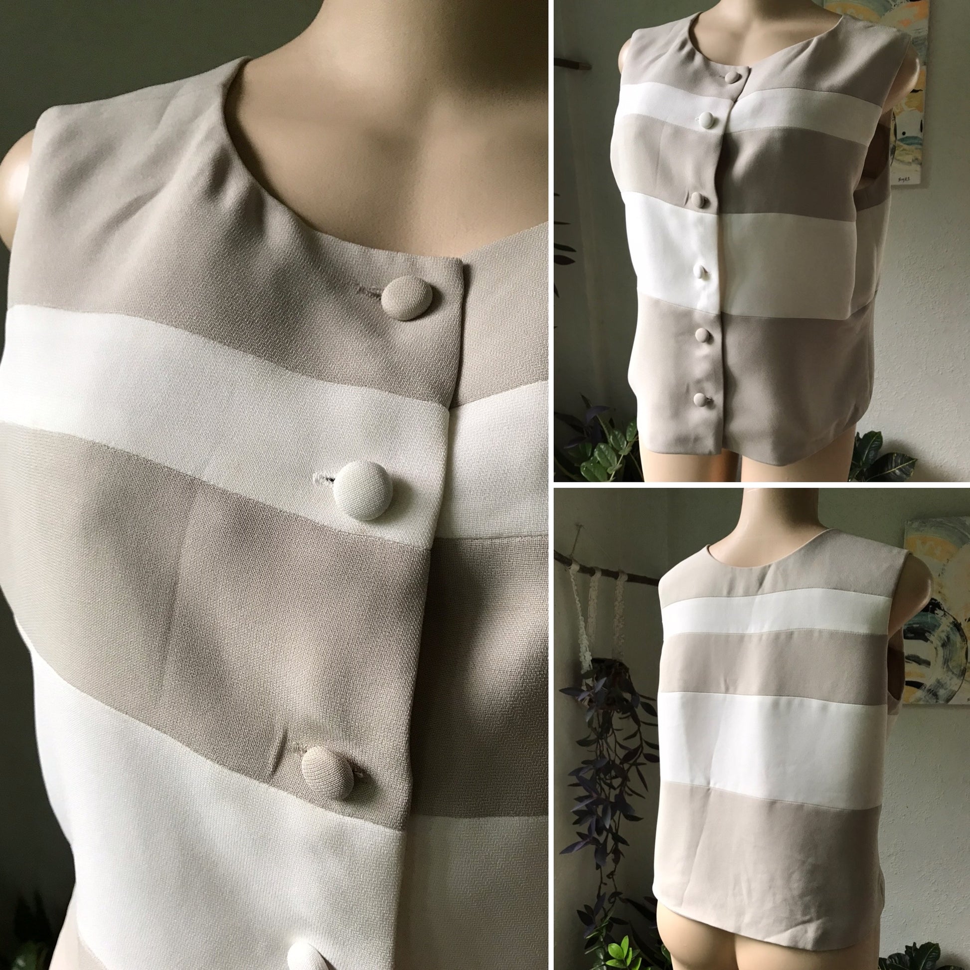 Vintage Classy Stripe Button Down Sleeveless Blouse Professional