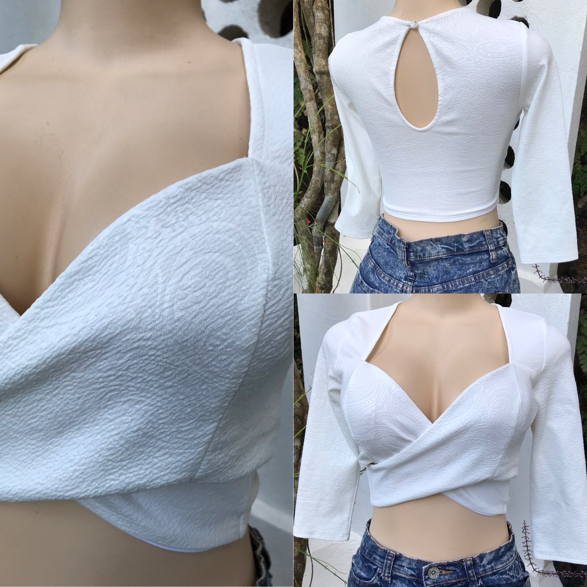 White Embossed Criss Cross Crop Top Built in Bra