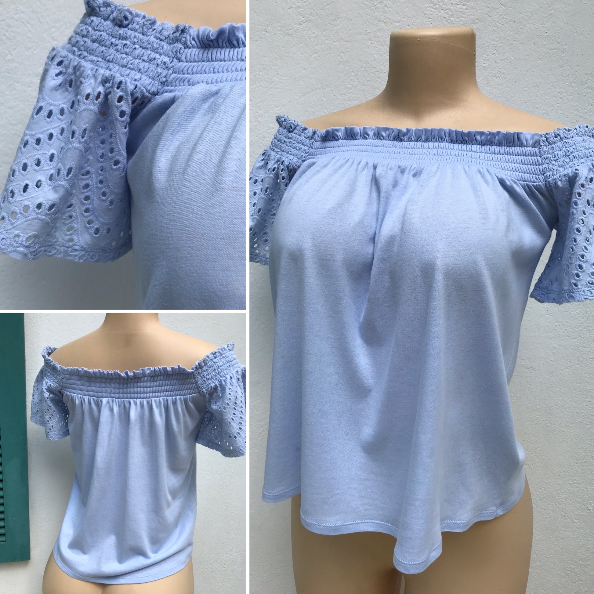 Baby Blue Off The Shoulder Eyelet Sleeve Top