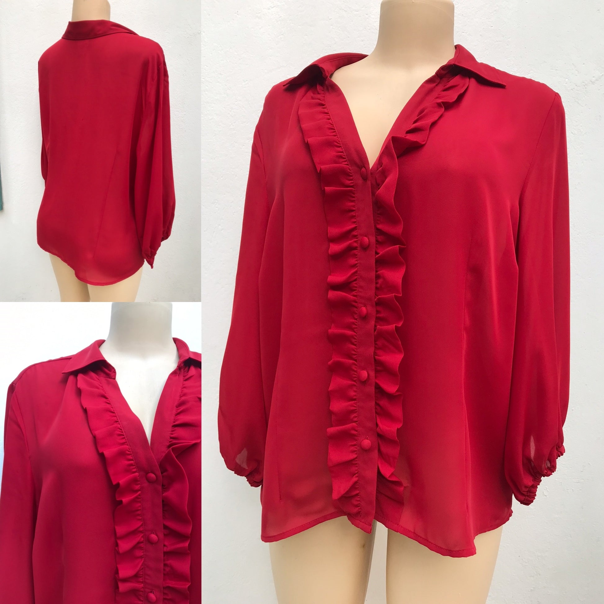 Red Ruffle Long Sleeve Blouse Work/Play PLUS