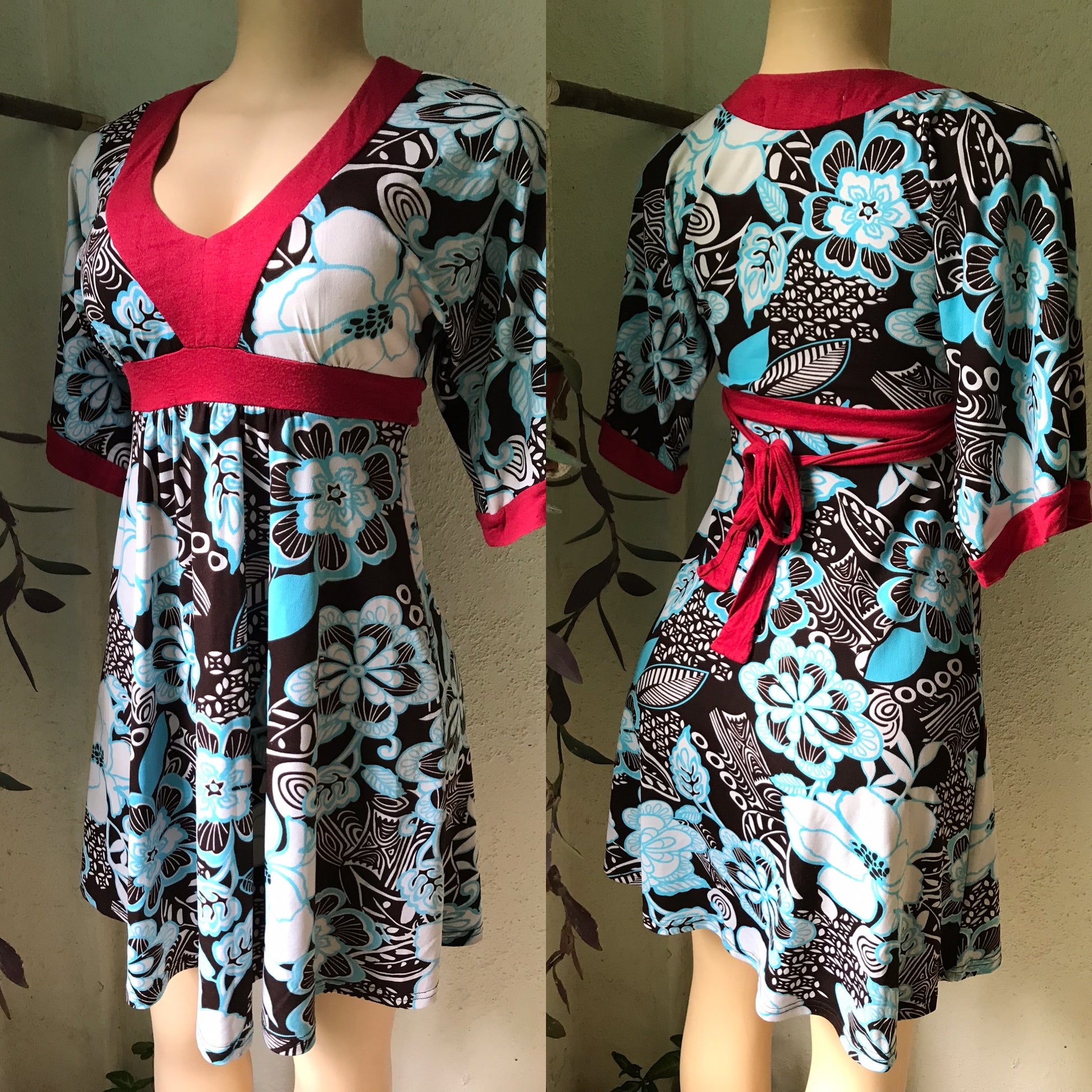 Retro Print Babydoll Dress Red Trim
