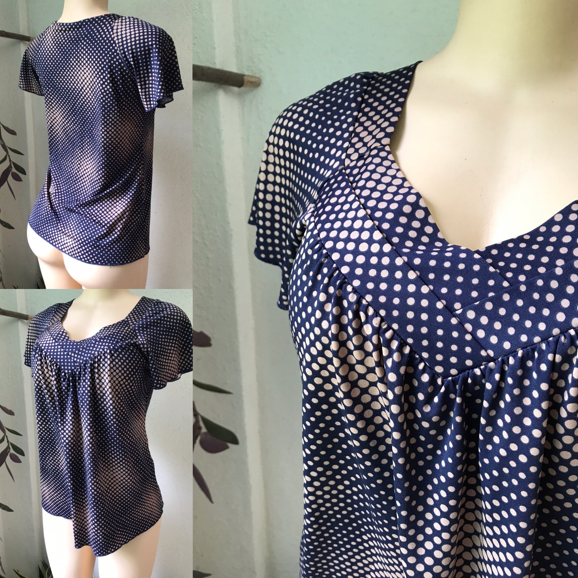 New Navy Polka Stretchy V Neck Blouse