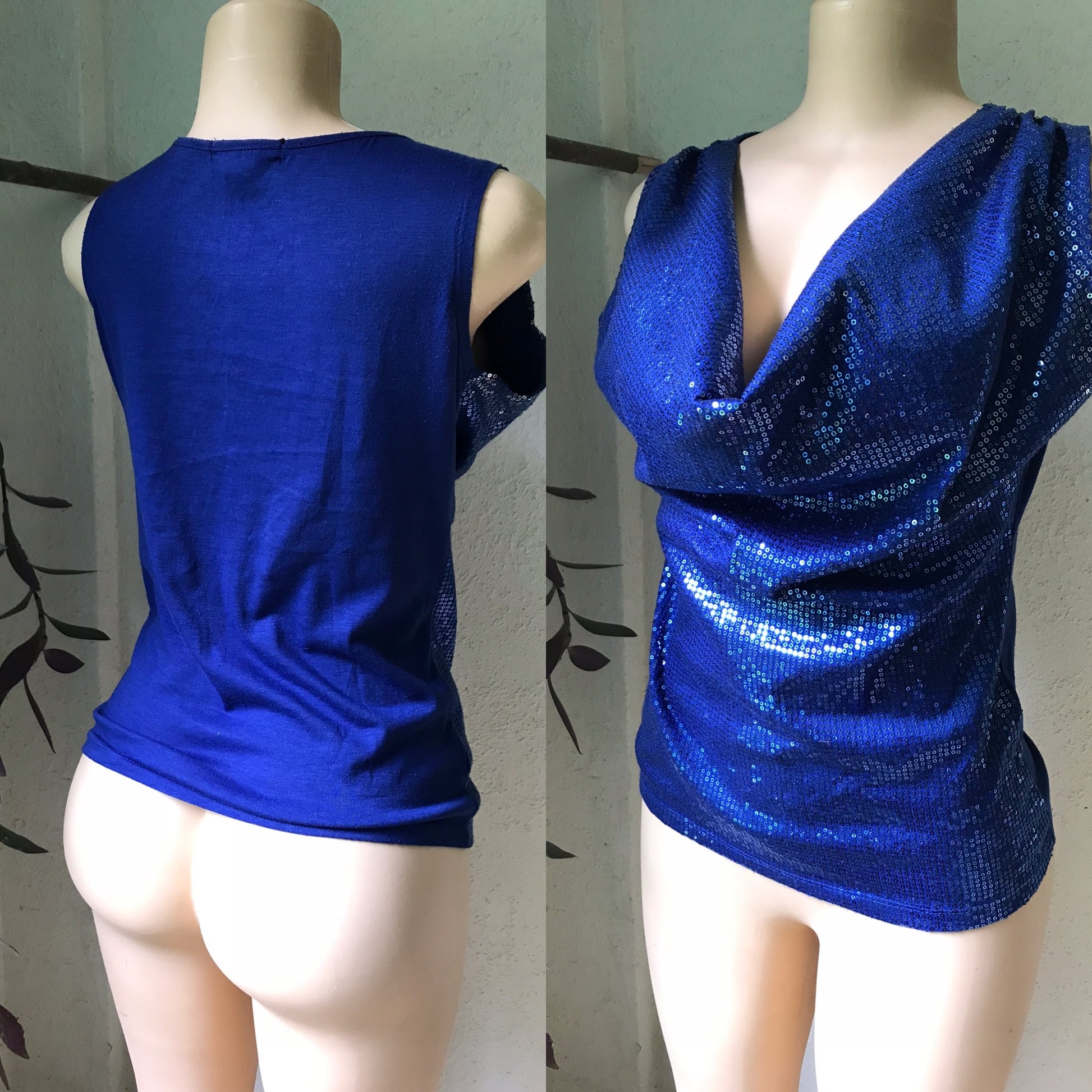 Stretchy Blue Sequin Cowl Neck Top