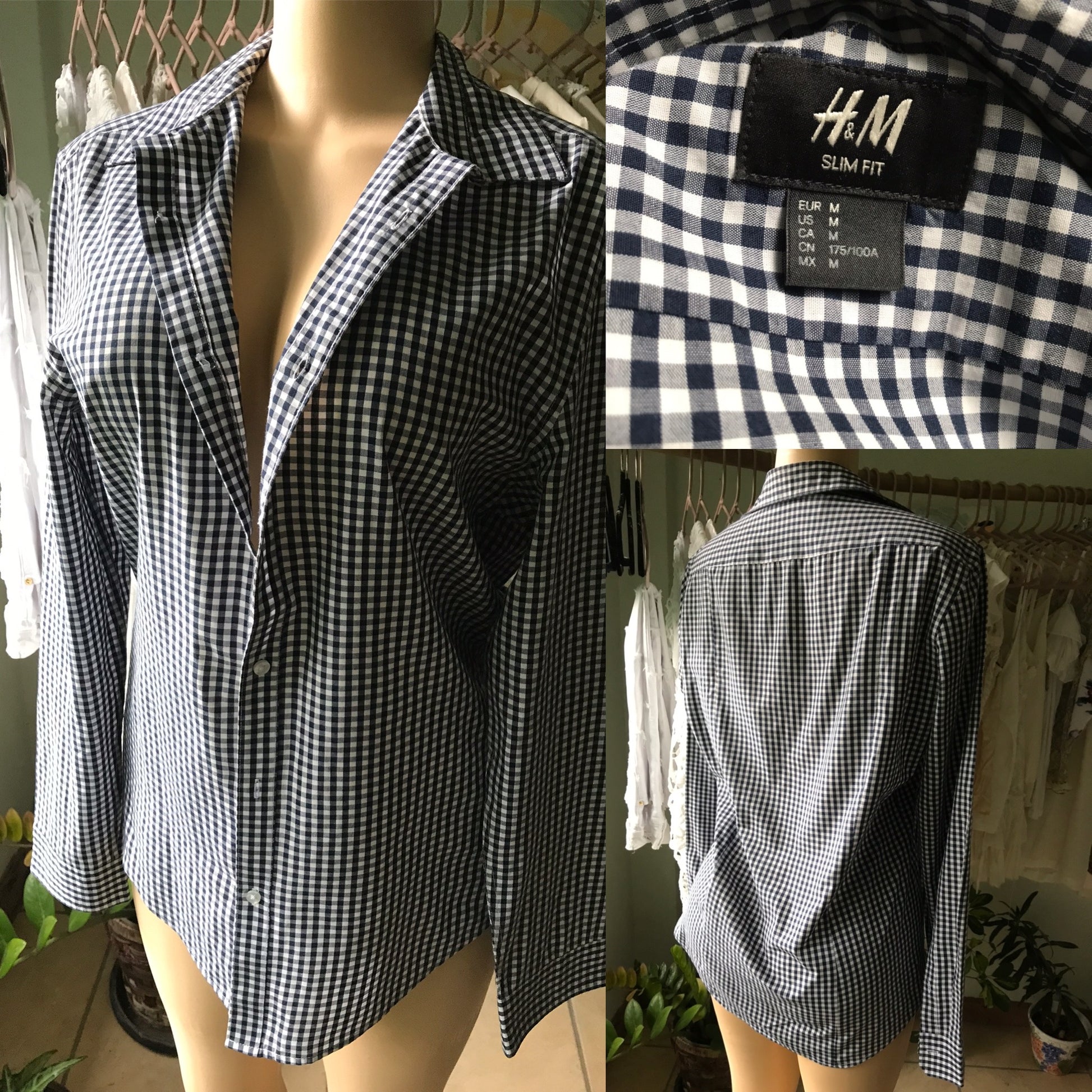 H&M Slim Fit Navy Grid Button Down Shirt MENS