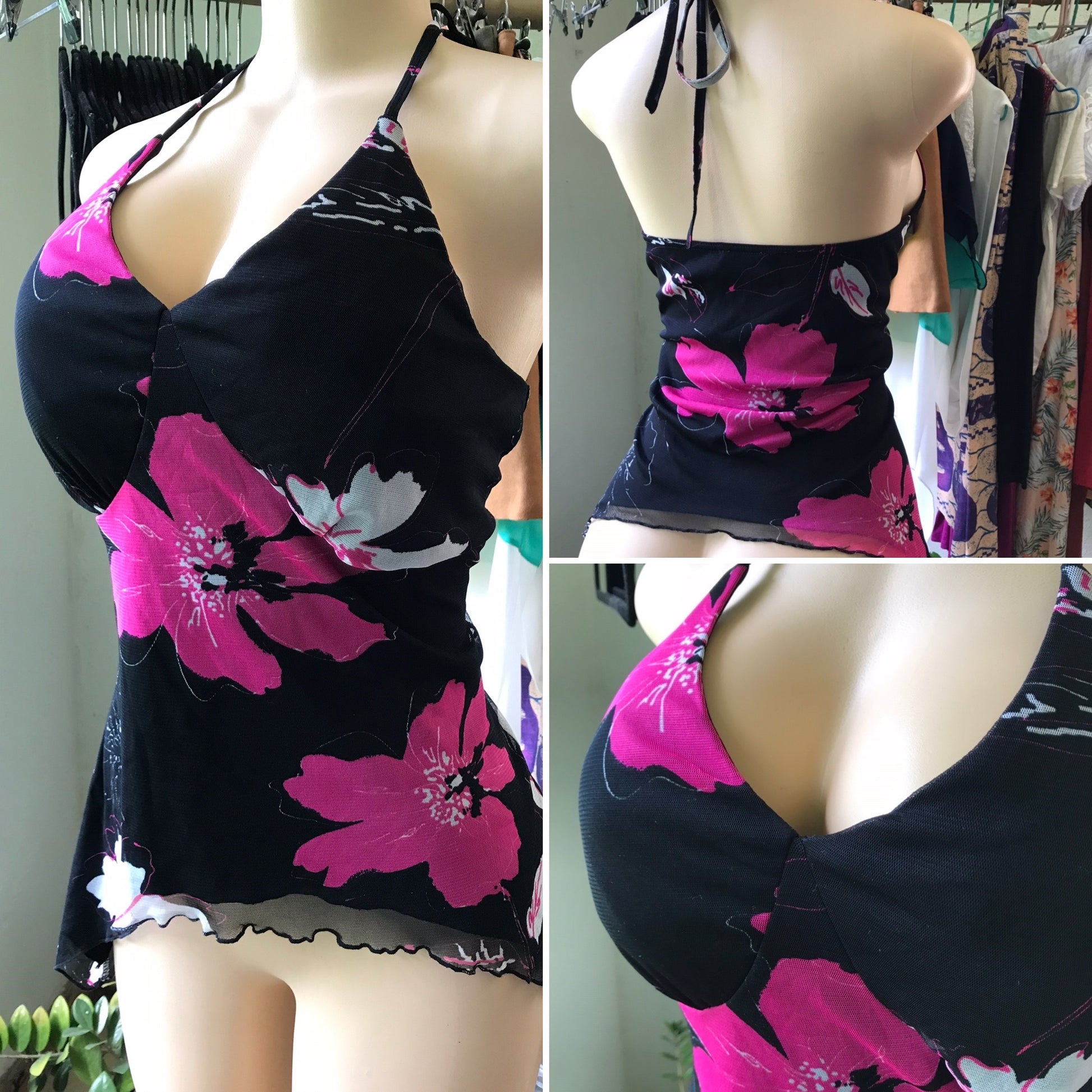 Pink & Black Mesh Spaghetti Strap Top Padded