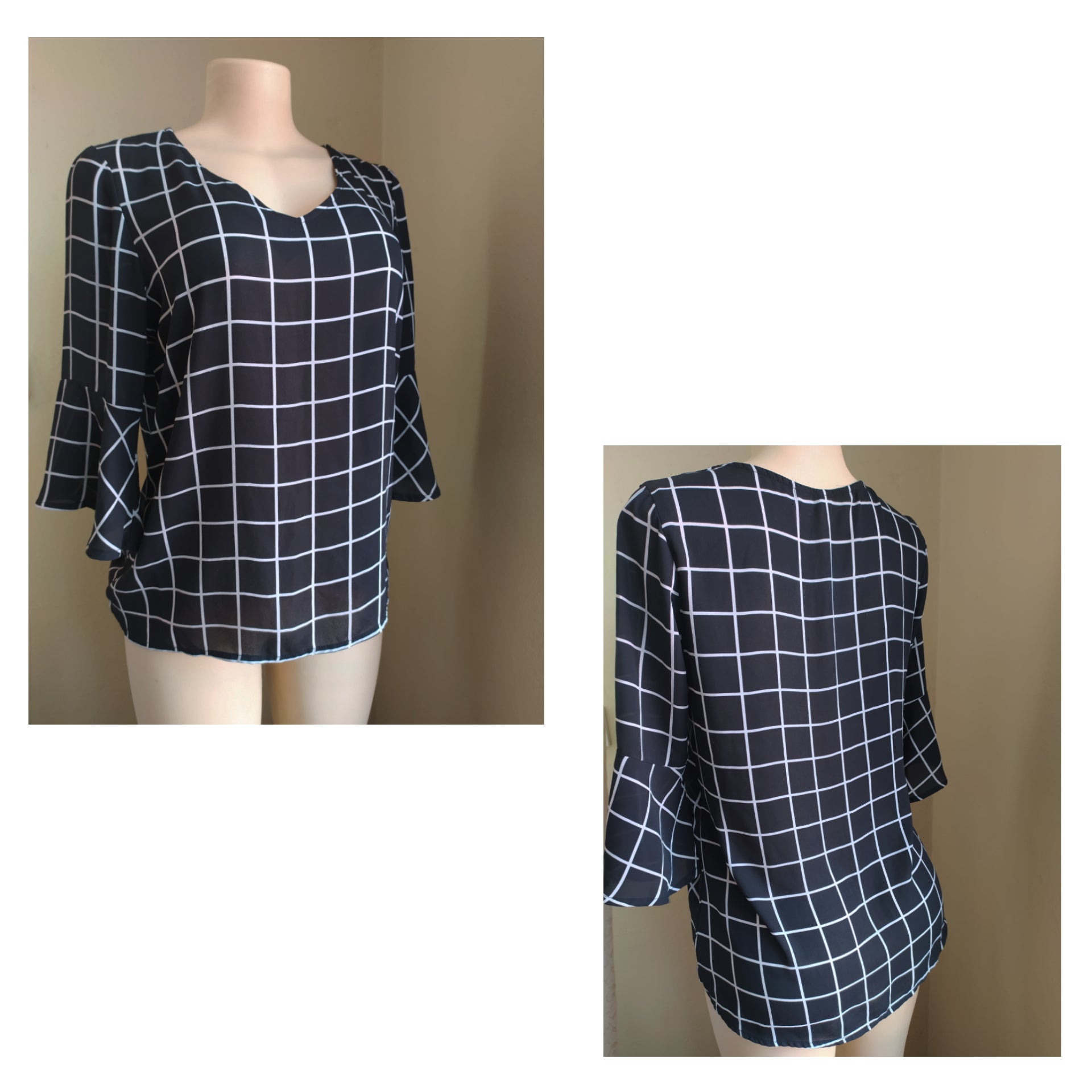 B&W Geometric Print Blouse w Trumpet Sleeve - S/M