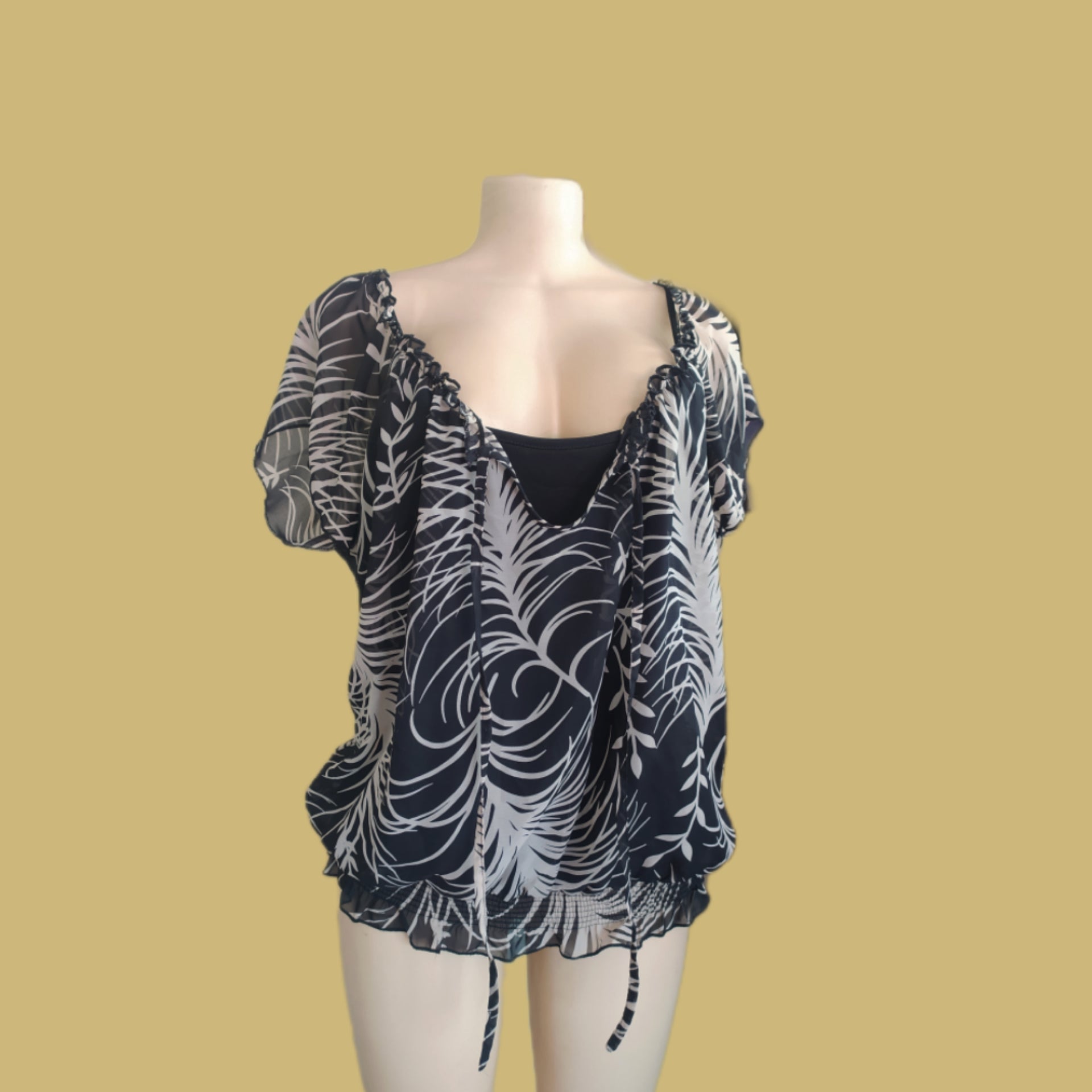 Sheer Feather Blouse w Camisole Inlay - L