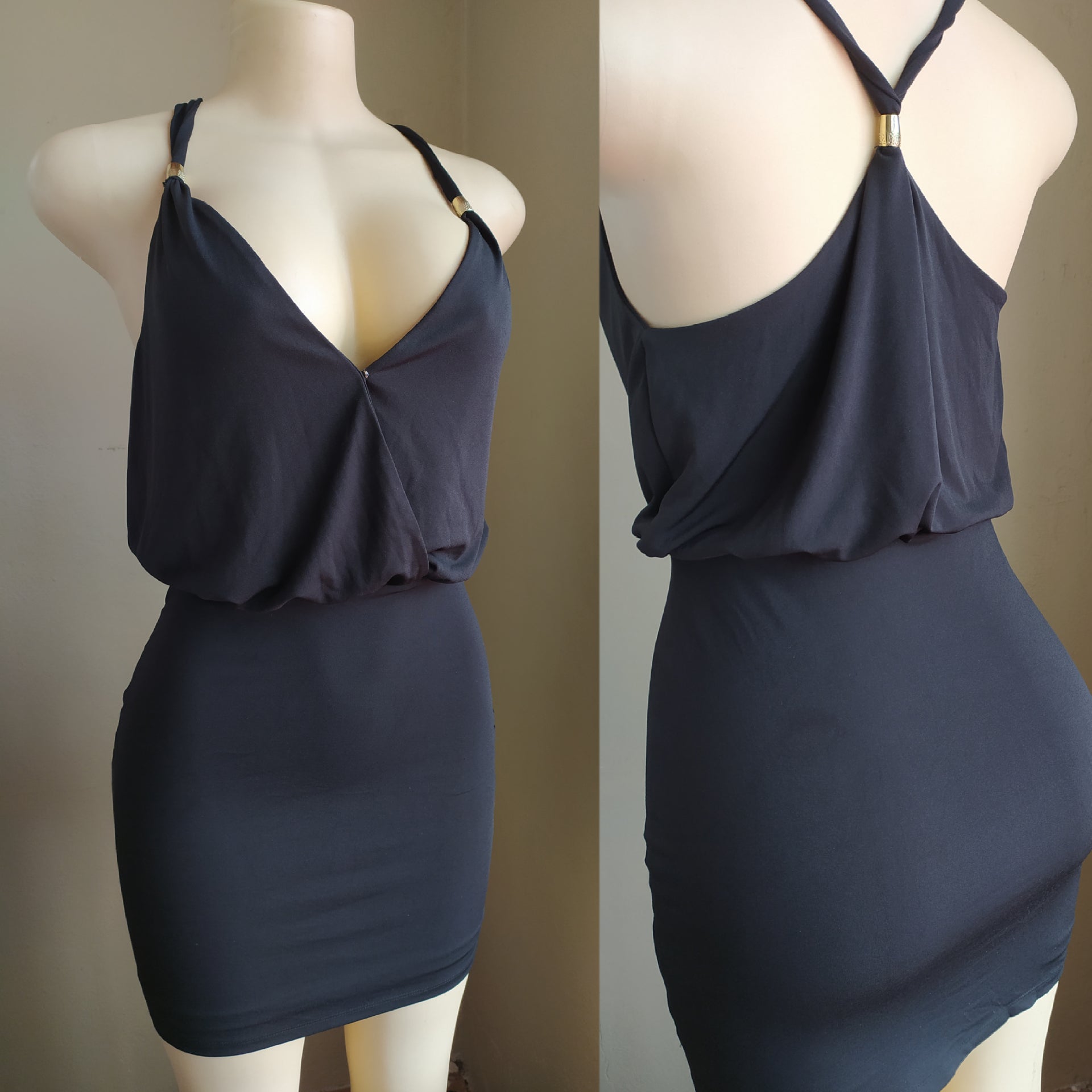 Black Snap Button Bodycon Dress - S
