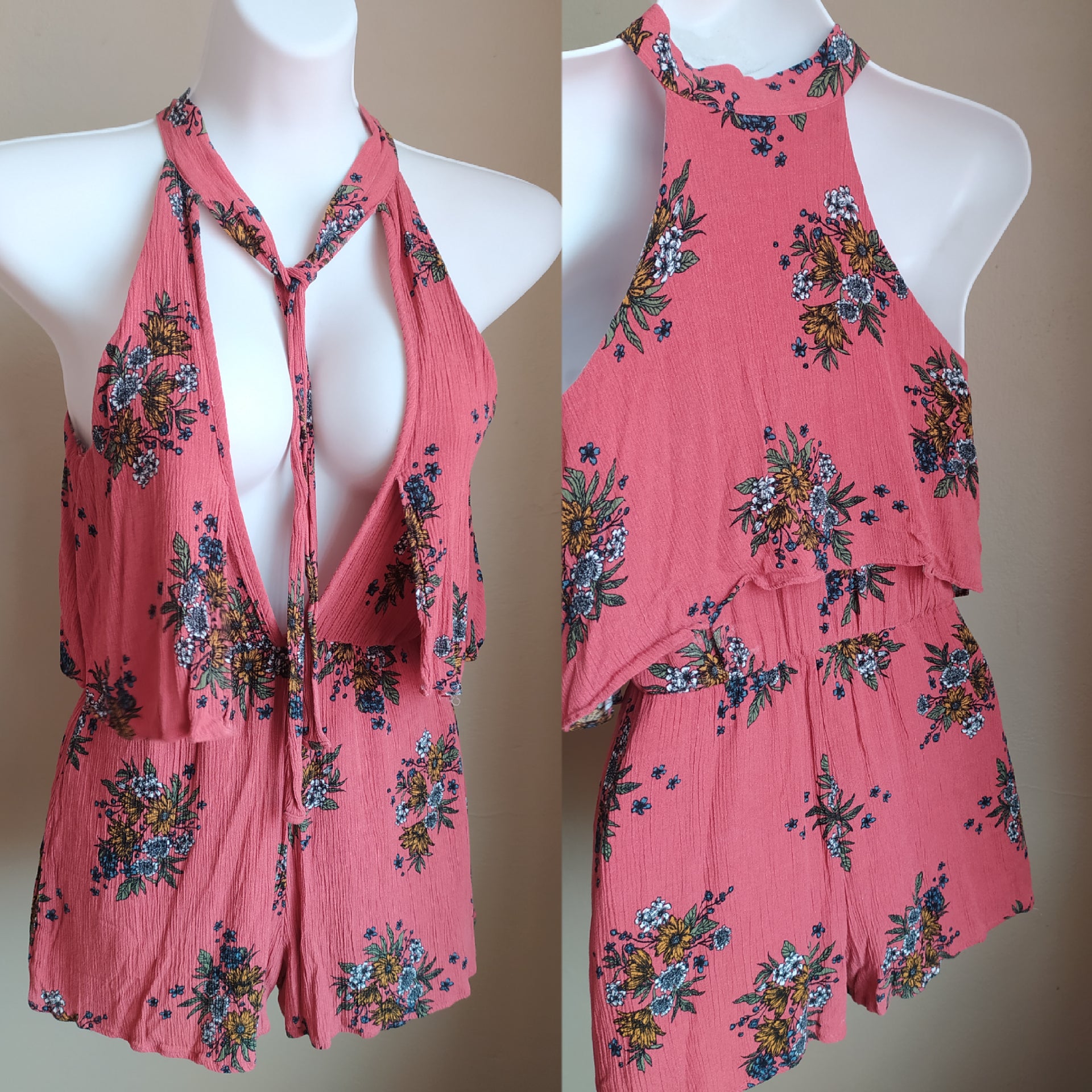 Forever21 Coral Plunge Floral Romper - XS/S
