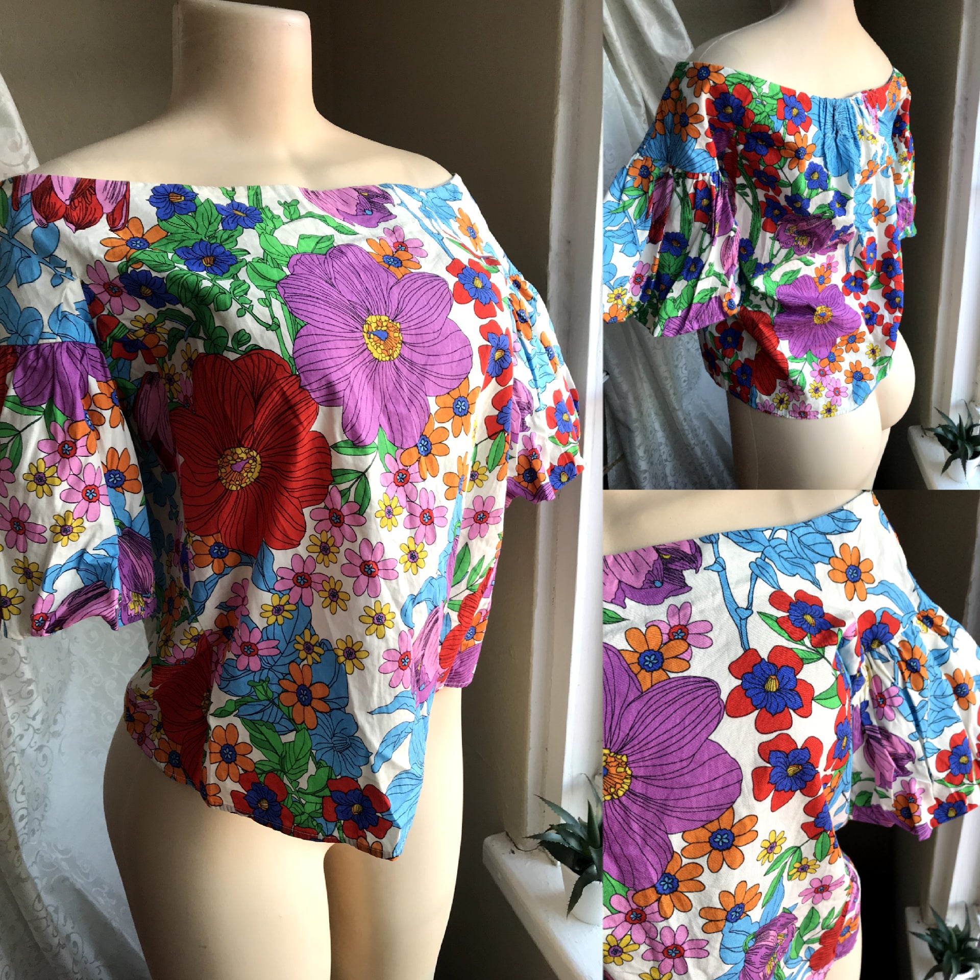 Floral Balloon Sleeve Off-The-Shoulder Blouse - S/M