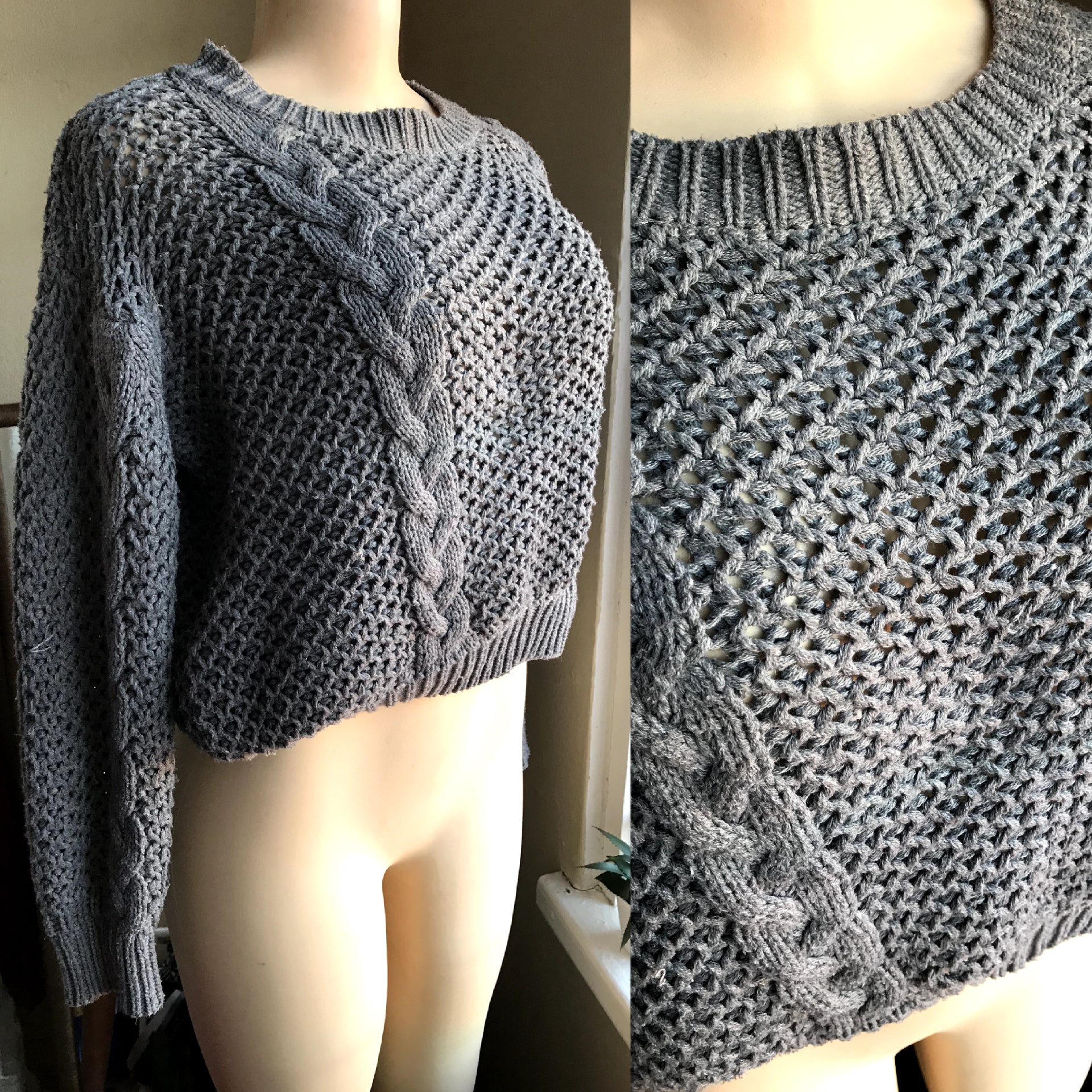 Grey Open Weave Braided Sweater - M/L