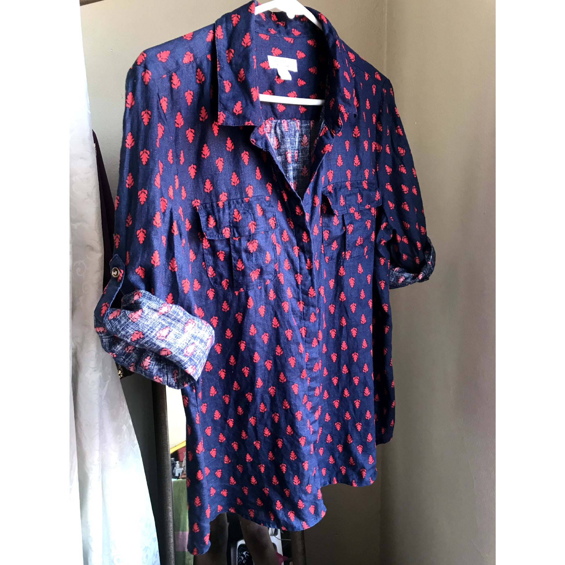 Charter Club Linen Navy Print Button Up - L