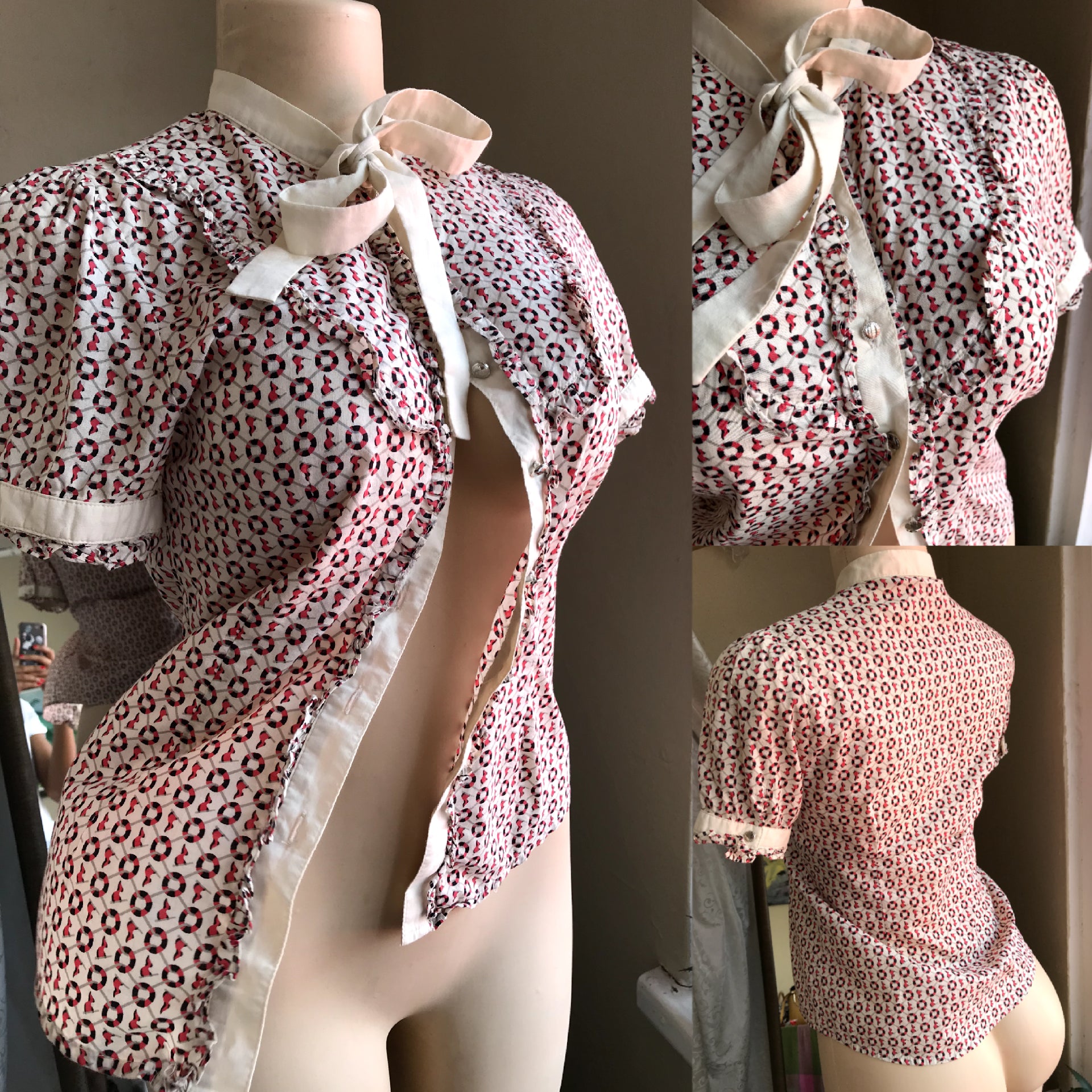 Print Button-Down w/ Bow 100% Cotton - M