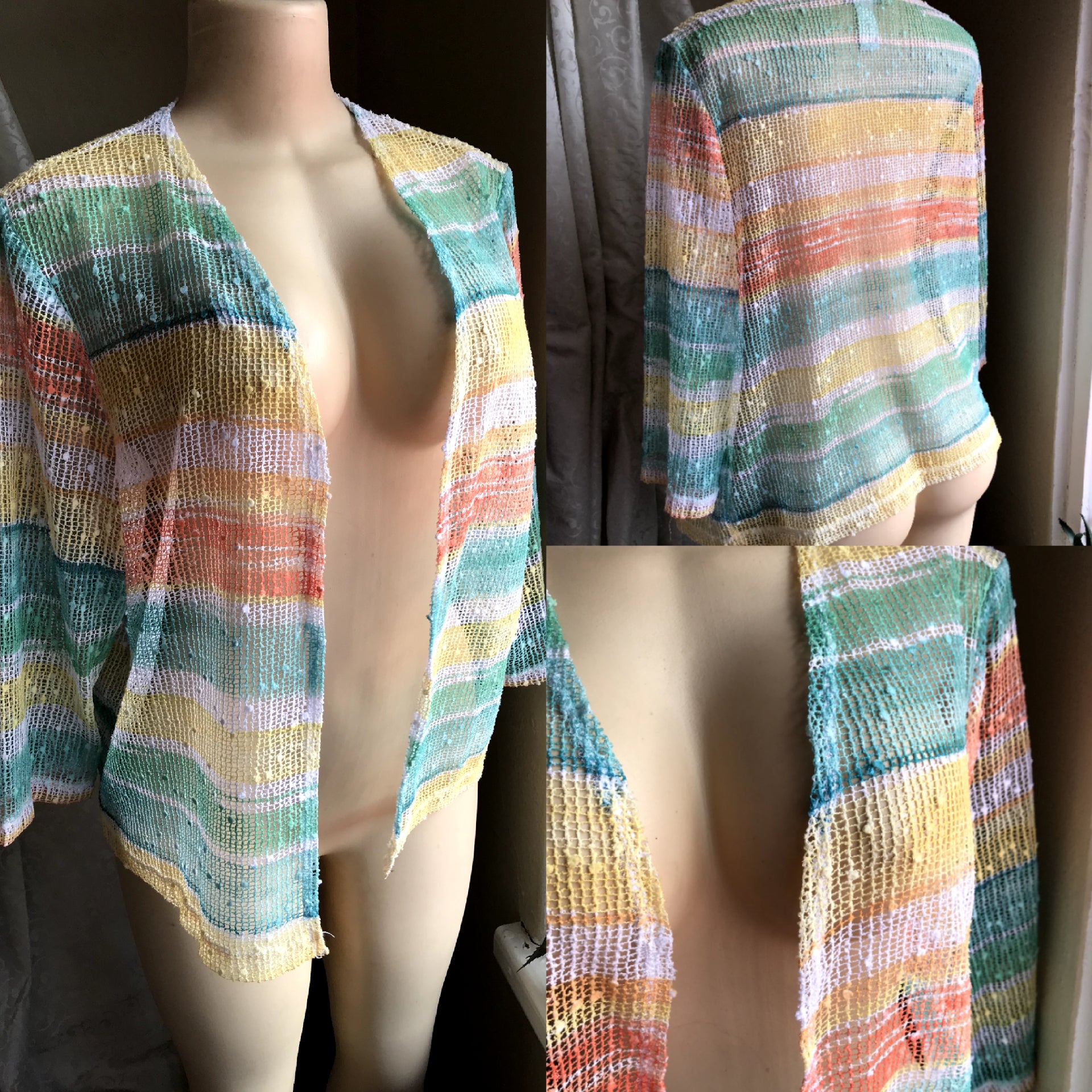 Vintage Pastel Rainbow Open Weave Cover-up - Free Size