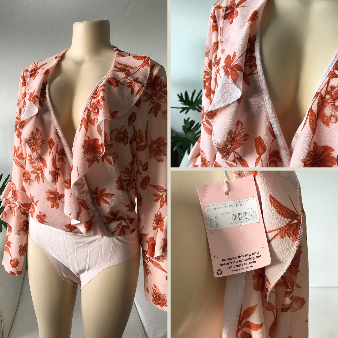 NEW Floral Salmon Plunge Neck Ruffle Bodysuit - L