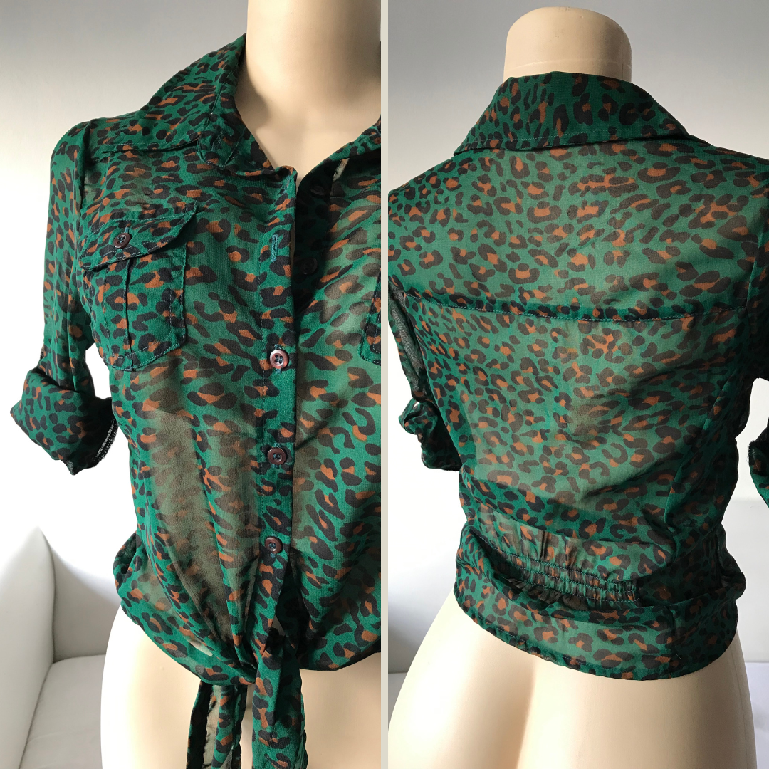 Cheetah Jade Green Sheer Blouse Tied- S