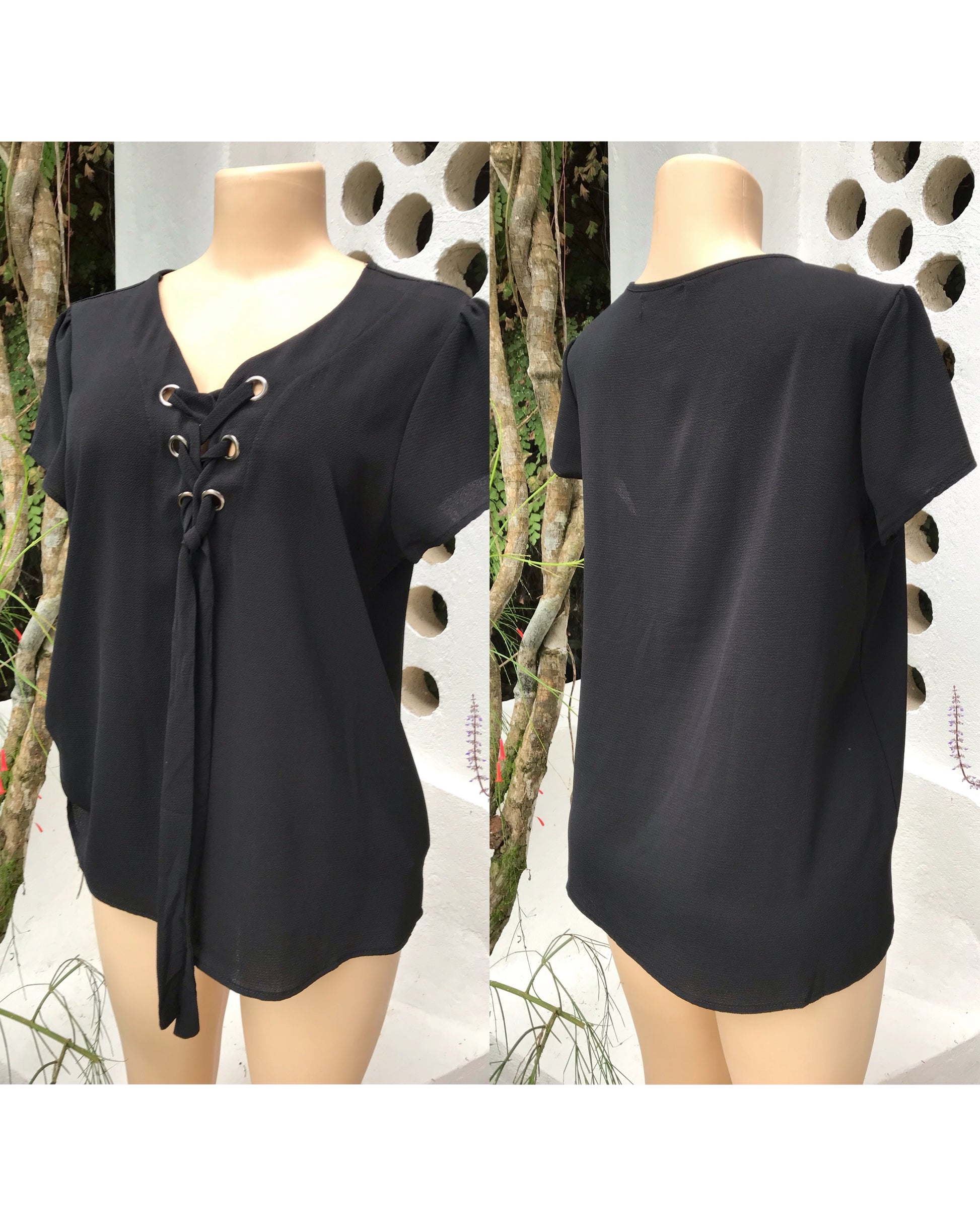 Staple Black Sheer Blouse Lace Up